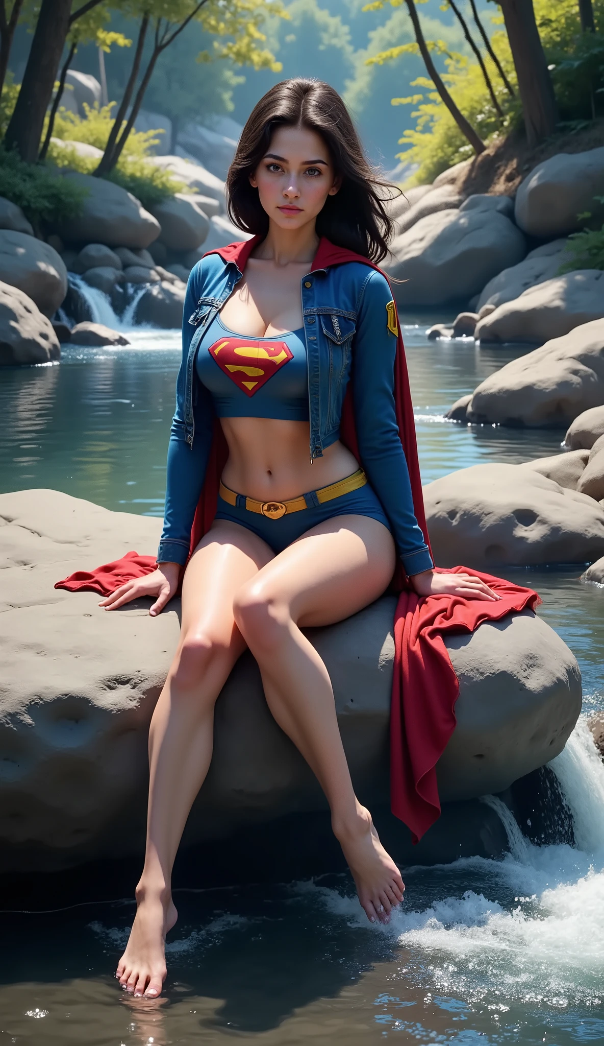 RAW, Best quality, high resolution, realistic, masterpiece: 1.3), Supergirl, black hair, perfect nose, perfect lips, perfect eyes, smiling, detail :1.2), supergirl in short red skirt, blue supergirl skinsuit, full body image detail, watery eyes, RAW, Best quality, high resolution, masterpiece, duchenne smile, toothy smile, show back side, standing, cross legs, spread legs wide open showing white lace panties, red skirt, show cameltoe, medium thick thigh, The Catlins waterfalls, full body picture.