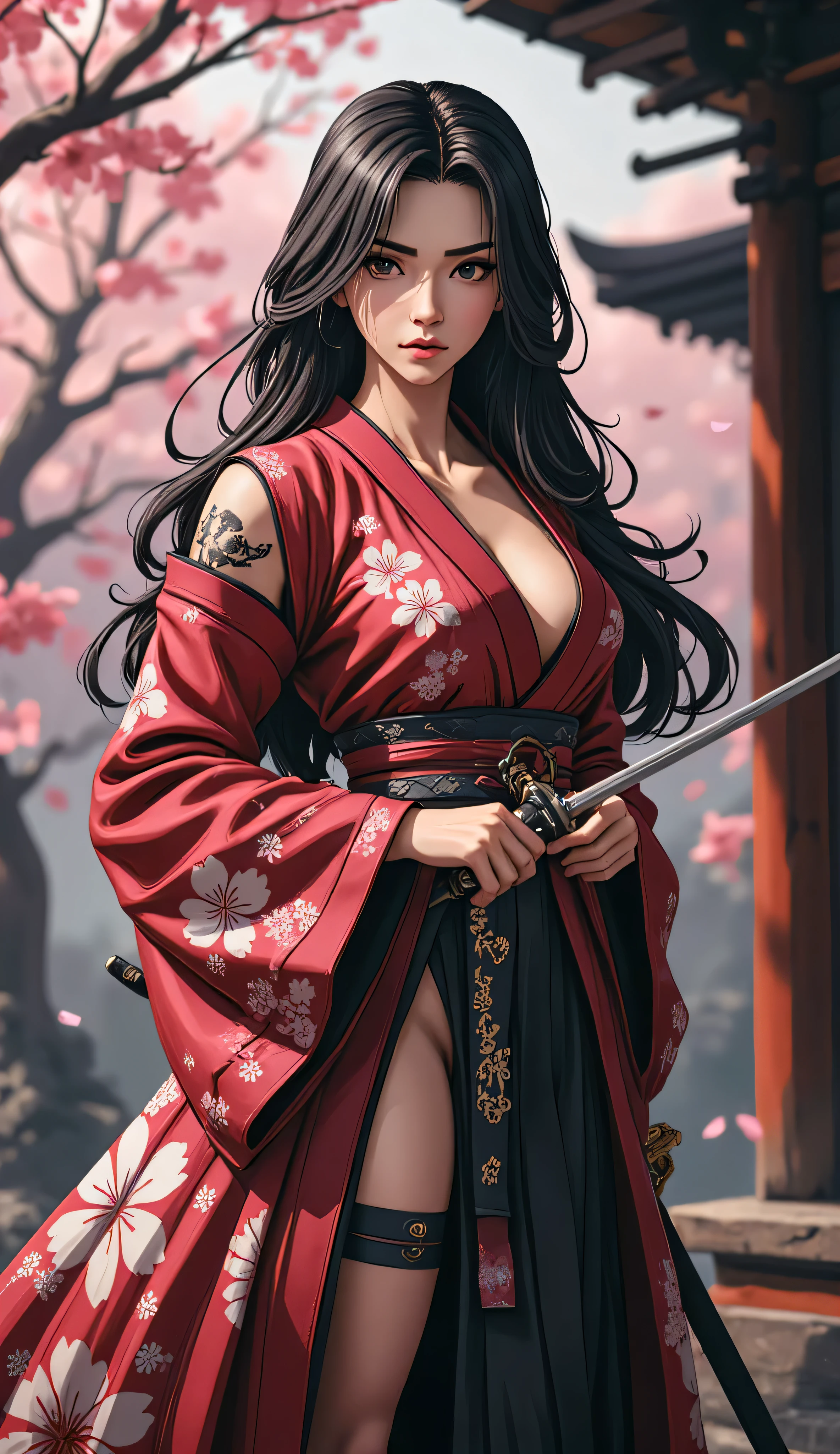 model doll、Real Figures、Japanese(Sakura Fubuki)、Sword Drawing Technique、Iai Kiri Kamae、sexy female samurai with long flowing dark hair. is wearing a kimono with a slit up to the thigh, she gracefully holds a sword in a scabbard、posing on the pedestal of a wooden shrine where cherry blossoms dance、Graceful Body Curves , artistic lighting, detailed fabric texture, Noble look, anime style, Sword wielding pose, ((1/6 scale figure)), 銘板 Sakura Fubuki 付きの精巧な台座、Realistic Design