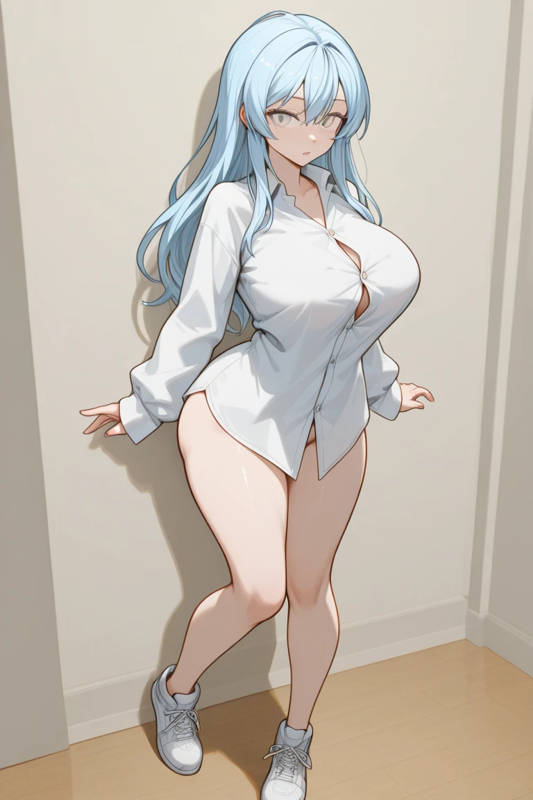 (Masterpiece),Best Quality, ultra-detailed, perfect hands, Delicate eye expression, 1girl (rinko_iori, Sexy, A voluptuous and sexy body, huge breasts,  naked body, dark blue hair,  long hair, blue eyes ),closed mouth, Solo, nude,   in front of the bedroom door, standing, Full body. Sexy waist teasing,provocative pose, wicked smile,pussy,  cumdrip from her pussy ,Frontal shots