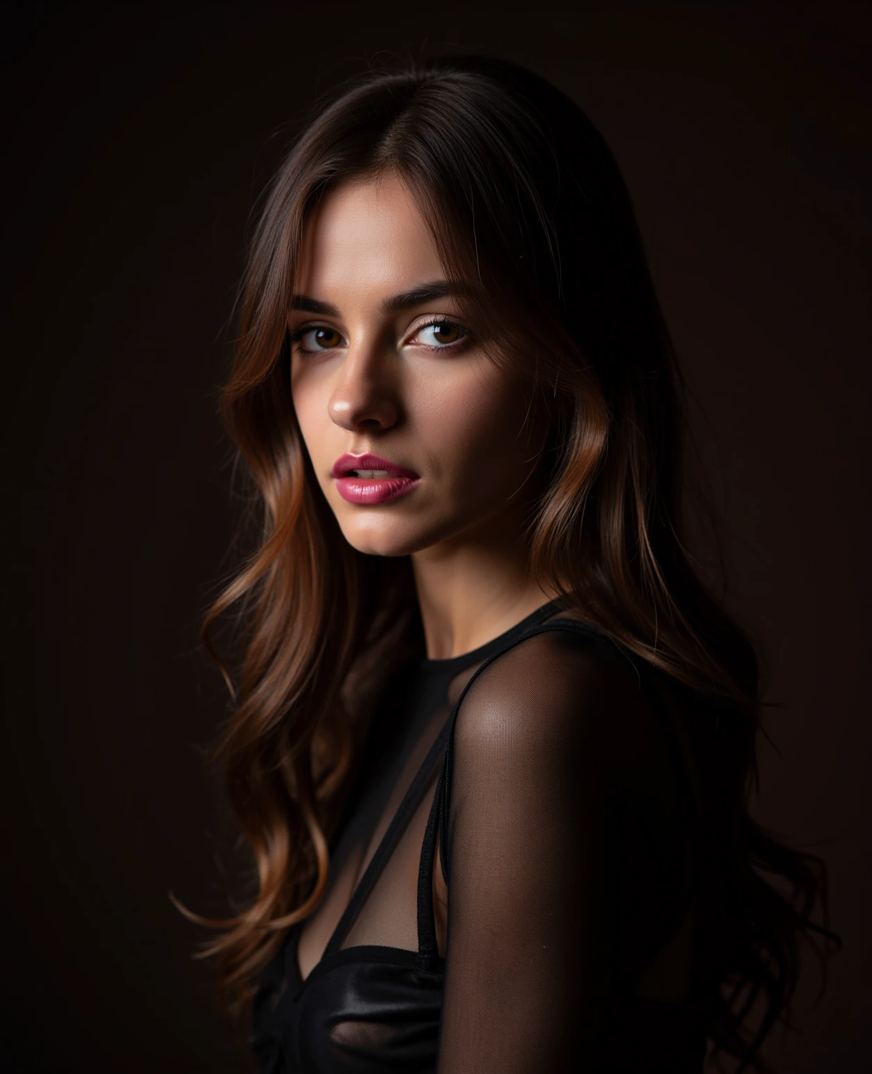 30-year-old woman realistic photographer, with camera, sexy Italian woman, black shiny hair, eyeliner, in dark room
