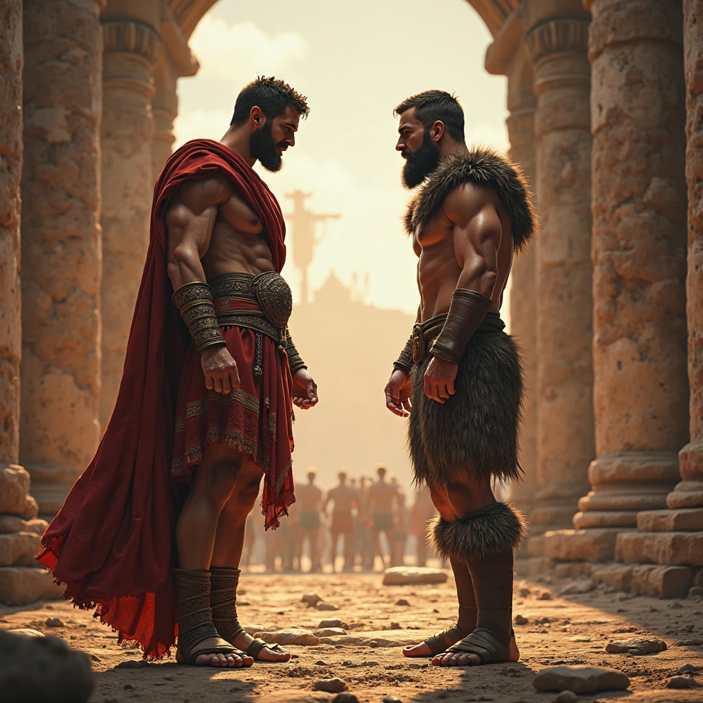 (Masterpiece) Detailed, intricate, epic fantasy, colorful, full body, slight angle, man, 50 years old, in EmotionScape style, very hulking, brawny, fitted, ankle wraps, very hairy hot torso, big strong hands, fine detailed, running, intense action, dynamic juxtaposition, skimpy revealing slavery outfit, receding hairline, smirk, gladiator, with a sword, blades, big ancient city on fire in the background, heavy rain, smoggy, pointing away, depth of field, particle effects, high quality shadows, intense action, aggressive digital illustrations, emotive landscapes,