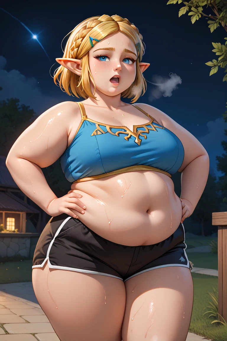 masterpiece, best quality, photorealistic, small smile, solo, (detailed eyes:0.9), Zelda, BotW, eating pink donut, pleasure, cute beautiful face, young, very chubby, sexy, soft, curvy, plump, fat rolls, chubby belly, belly rolls, love handles, tight clothes, torn clothes, muffin top, thunder thighs