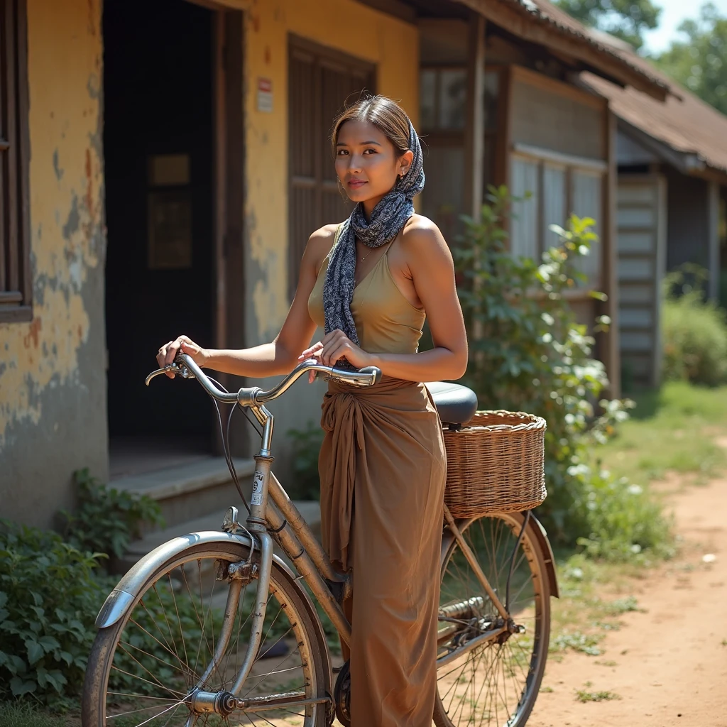 Femme Africaine, Dressed, robe marron, bicycle, panier