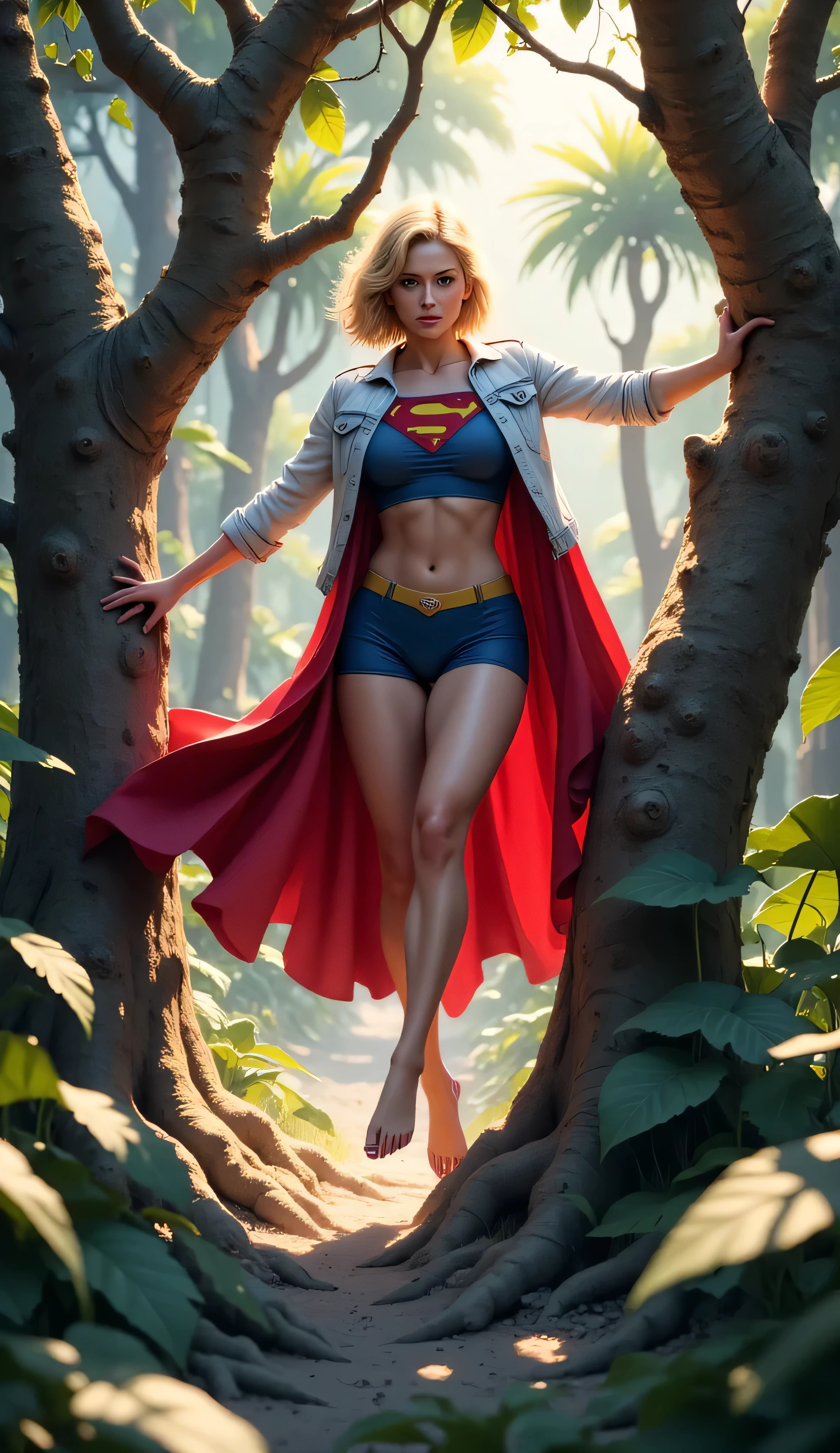 Supergirl mid-leap between massive trees in a jungle-like forest, red cape trailing dramatically, fierce focus in her eyes, ripped jacket flowing open mid-air, muscular legs extended, dirt on her skin, light rays piercing the canopy, dynamic painterly realism