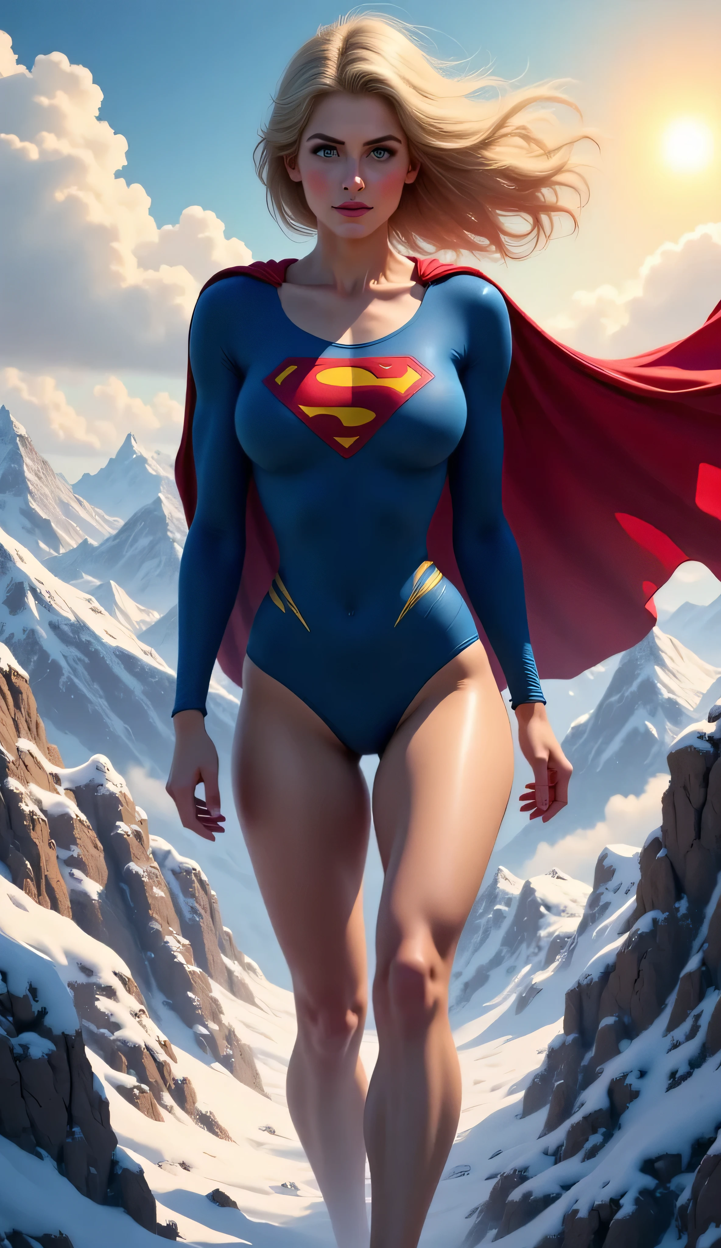 Superman costume。Beautiful Face。big eyes,Long eyelashes。High nose bridge。Beautiful clavicle。White and tender skin,Pointed chest。Thin waist and hips。Long legs and beautiful feet。Thighs exposed。Exposed shoulders。High resolution,Professional Lighting。High Detail。.