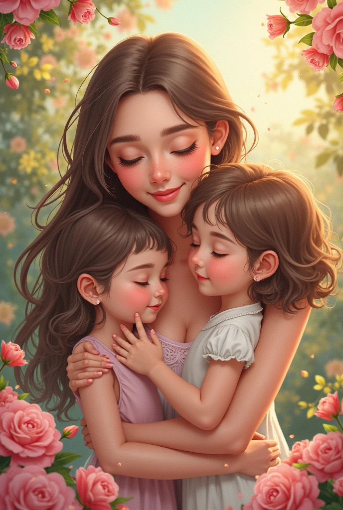 Brown-haired woman with brown eyes carrying two babies with green eyes and brown hair