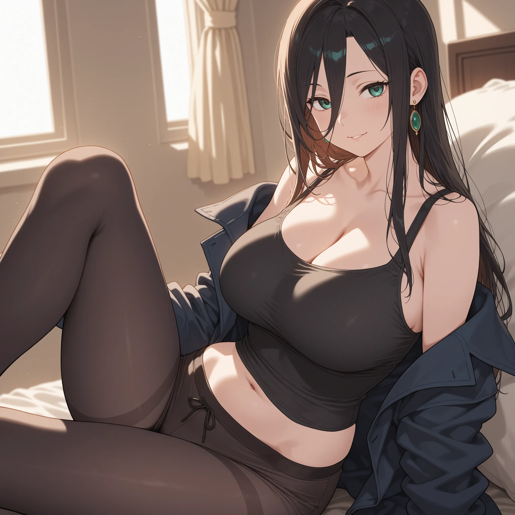 Masterpiece, 1 girl, black panties, garter straps, garter belt, black hoodie, oversized hoodie, black stockings, thigh highs, laying down, laying on couch, sleeves over hands, long hair, thick thighs, large breasts, toned stomach, toned arms, fit, lounging