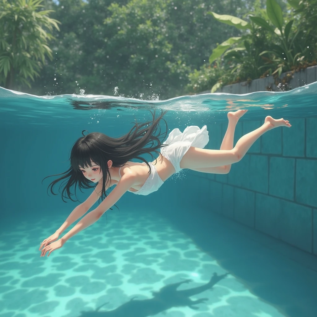 Anime Woman, wearing a Black thong, and a black bra, long flowing black hair, swimming breaststroke underwater in the sea, with water ripples on her body, side camera view, with smooth sandy seafloor, deep far from the surface, horizontal body position