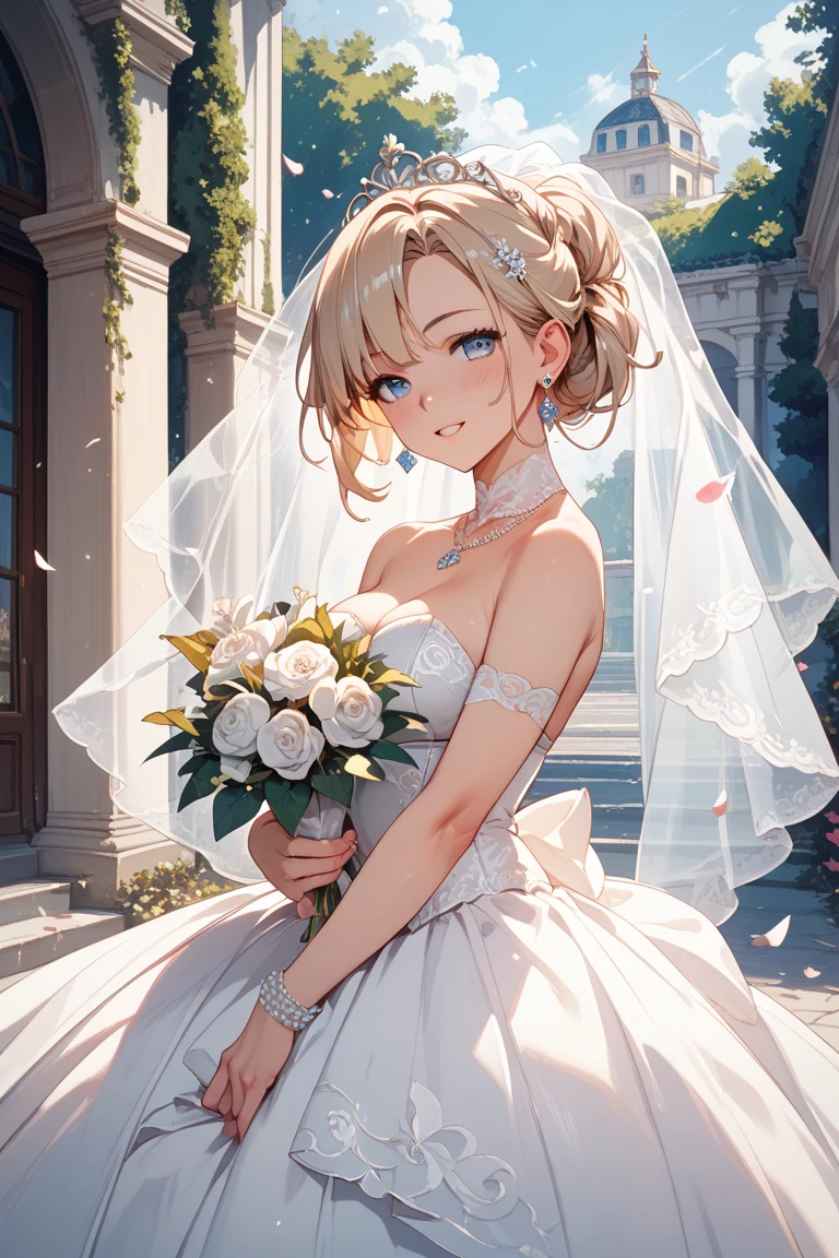(masterpiece, top quality, best quality, official art, beautiful and aesthetic:1.2), (1girl:1.3), extremely detailed, official artstyle, highest detailed, parted lips,wallpaper,beautiful violet eyes, long hair, beautiful blonde hair, ponytail hairstyle, bangs, (happiness, beautiful smile, happy expression, happy face), ((Wedding dress, chies, Bridal veil, Wedding, Bouquet)),(cowboy shot), holding a flower