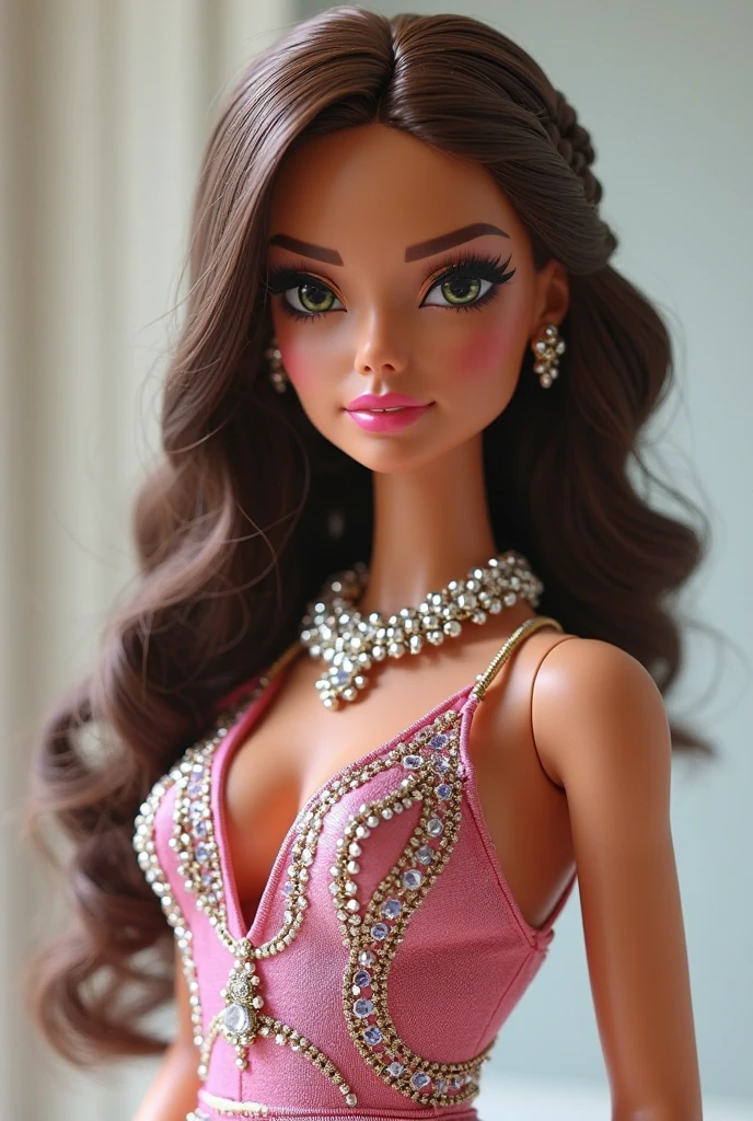 Barbie with dark brown hair and green eyes, wearing a 80s pink prom dress. 