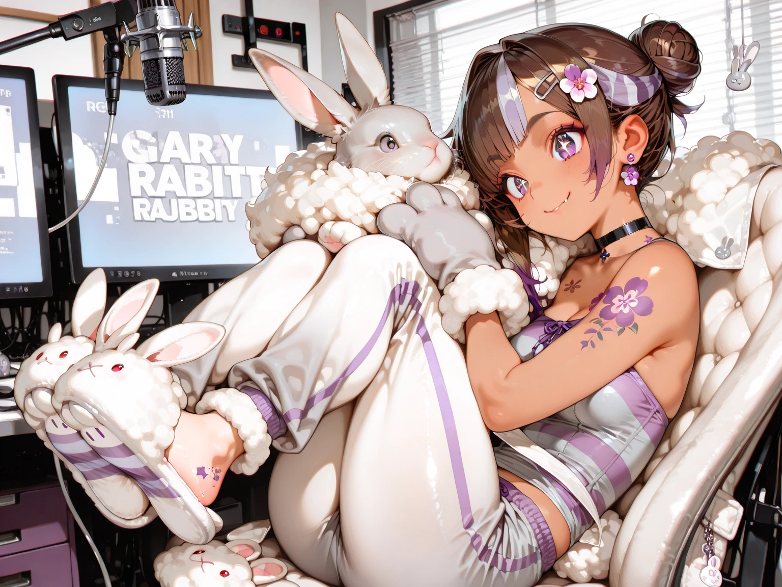 Teenage bunny girl dirty room at night, retro old pink bed, bras, panties, underwear scattered, PlayStation 5 and controller, PC and monitor, bunny art on display monitor, window, pink and blue light entering the room, junk food, cup noodle and DRINK jars and cans are scattered, trash cans are overflowing. The walls are bare with cables and wiring, only the appliances are futuristic, sparkling dust is flying around the room, night, HD, 8K, masterpiece, real texture.