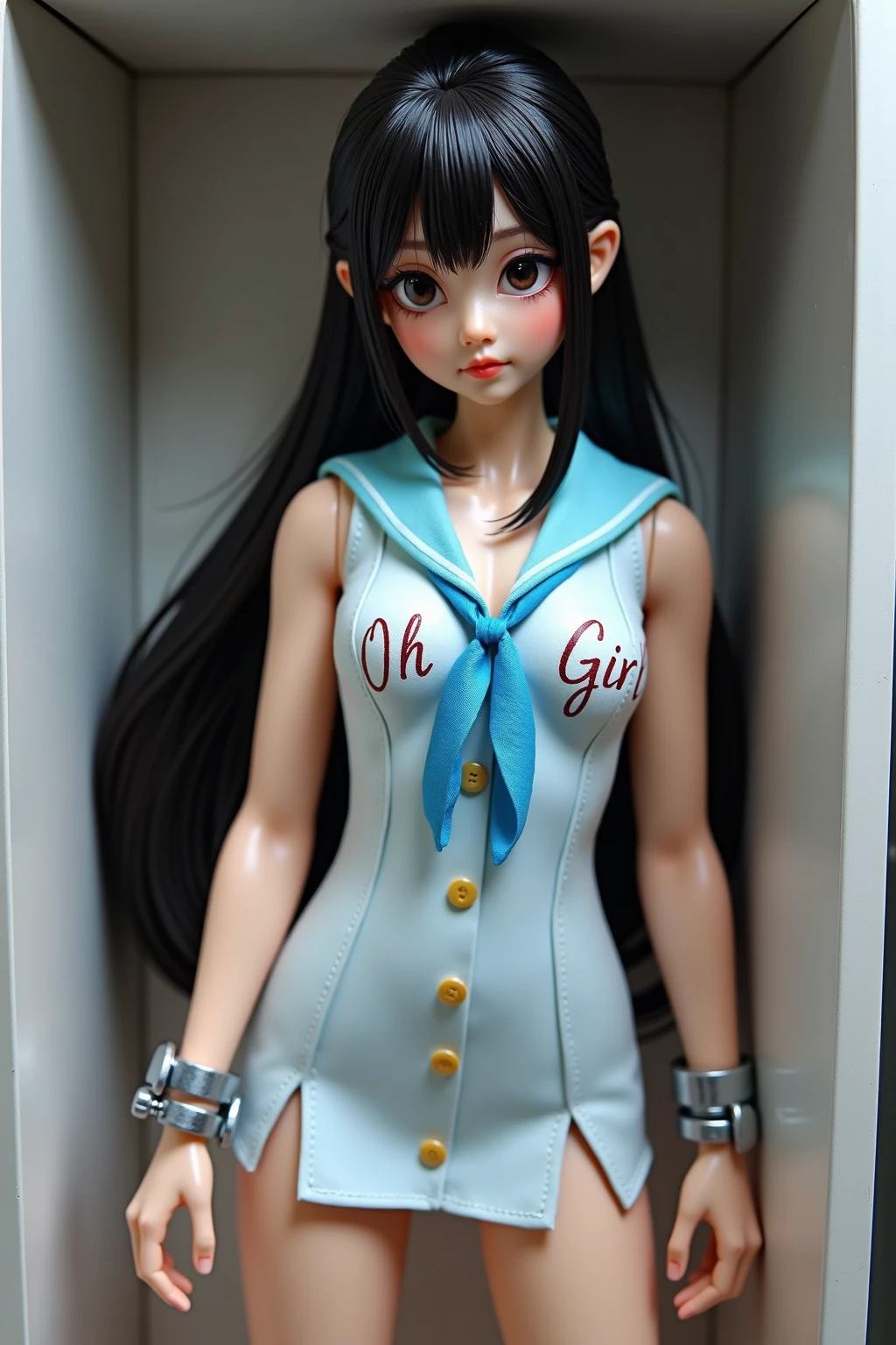 1 girl,futur, starship,, masterpiece, high quality, best quality, beautiful, perfect lighting, detailed face, detailed body,, (((photorealistic, hyper-realistic, RAW photo:1.2))), intricate details, 8k uhd, perfect face, perfect eyes,, stocks, ((stocks and her arms down, chain leash, metal collar,bound wrists)), ((silk_clothes)), JasmineWaifu, young, arabian clothes, off-shoulder shirt, blue pants,multi-tied hair, long hair,   
