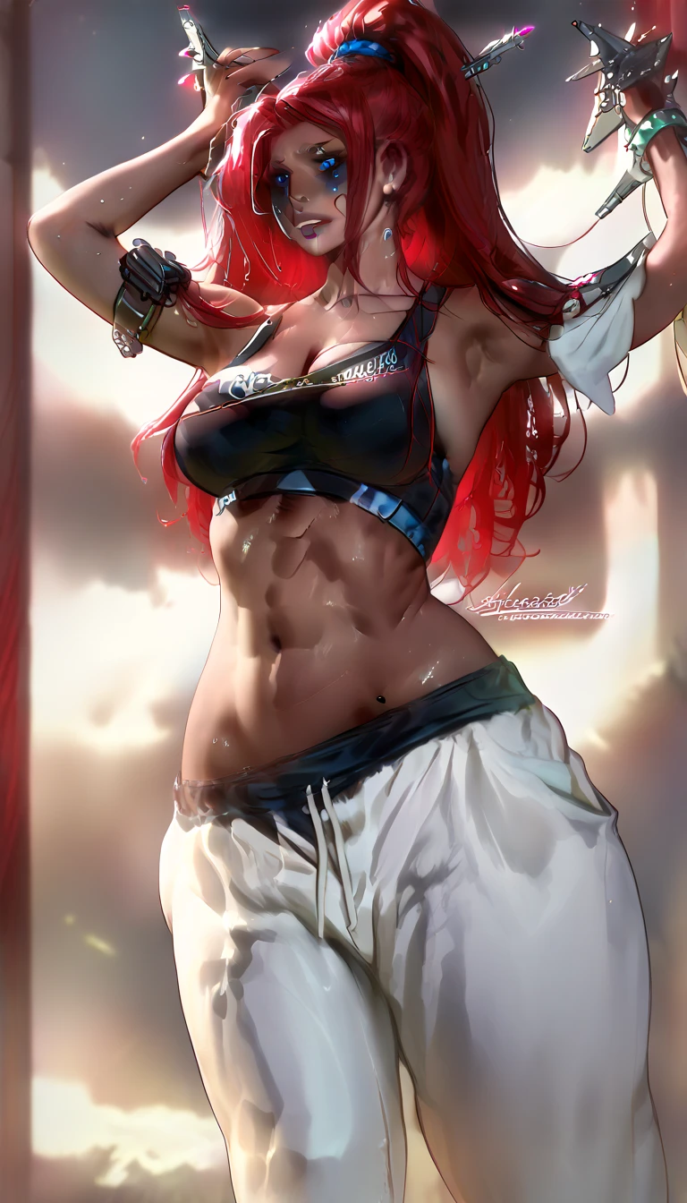 sereia , quadriceps musculados , red hair , blue eyes , half pirate , tanned , in thong , with abs
