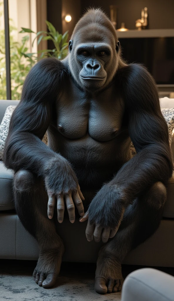 Gorilla posing while looking at himself in the mirror