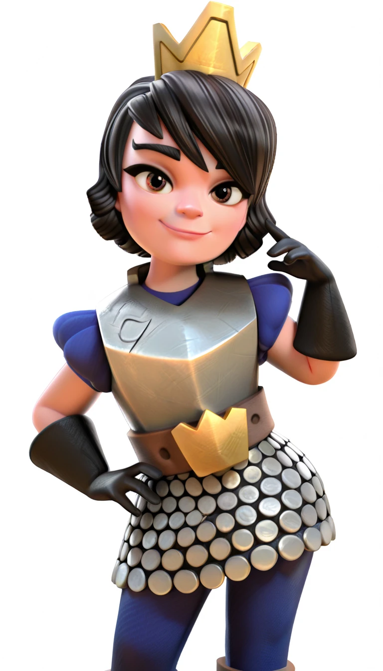 medieval armor, crown, short dark hair, blue and white outfit, metallic chest plate, chainmail, outdoor setting, stone structure, confident stance, hands on hips