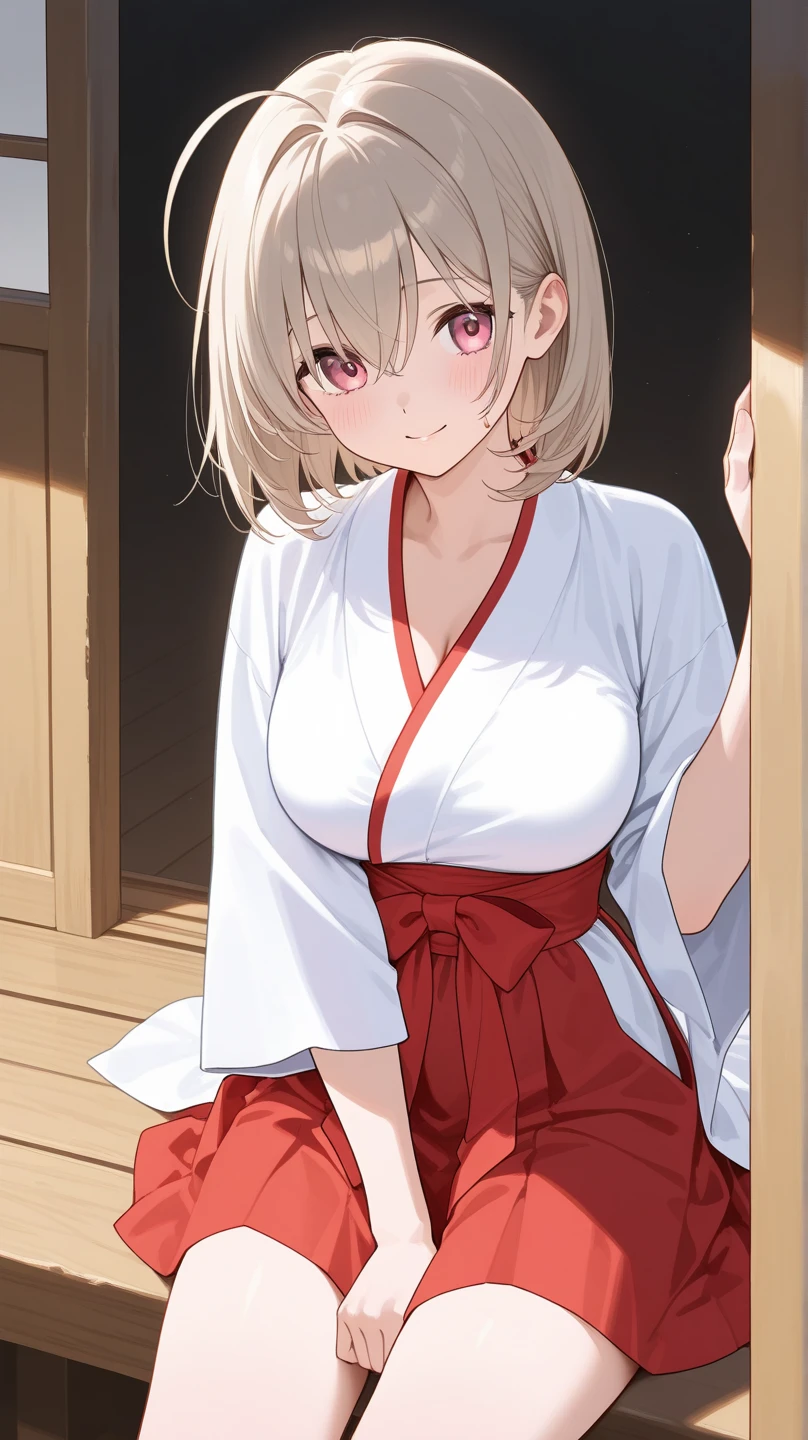 Top image quality 1 girl in shrine maiden clothe a smile Beautiful back Transverse breasts The whole picture suns Blonde Short Bob Red ribbons Senzoku Nishikiki