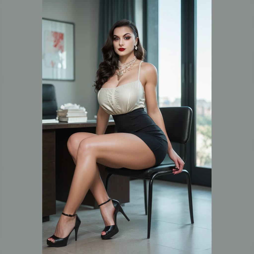 (abdl:1.3), she is looking up at the camera, amazingly stunningly beautiful (very tiny:1.5) (doll-sized:1.4) 21-year-old (Denise Milani:1.5) (wearing an oversized pinstriped suit and a short skirt and stiletto heels:1.4), (sitting in oversized highchair:1.4), high table, (gigantic breasts:1.5), grinning, (pale skin:1.4), ( busy restaurant in background:1.2)
