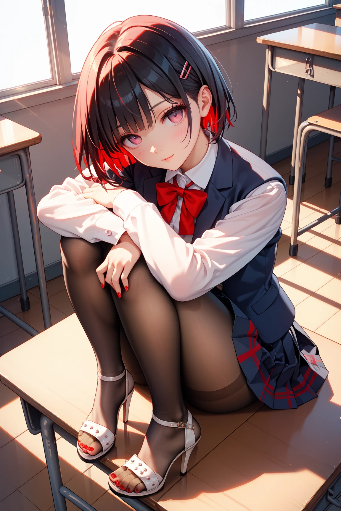 ((highly accurate))、((high-detail))、((4k CG))、Anime girl kneeling on the floor in a short skirt and red tie、Cute s、the anime girl is crouching、Beautiful anime girl squats、Anime Moe、((Beautiful red eyes))、((8K Eyes))、brown haired、short-haired、((fantasy worlds))、