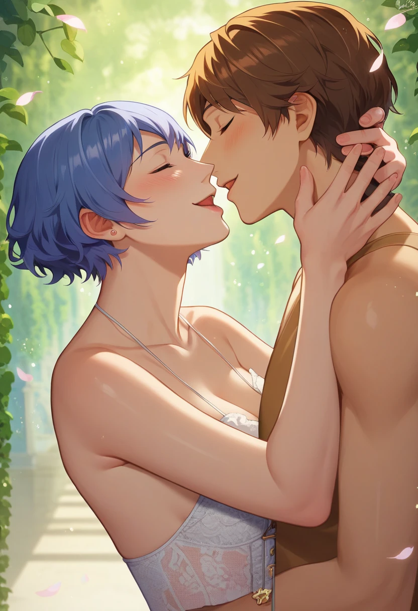 1 girl facing front, cute, short hair, blue hair, grey eyes, on her knees, naked, without clothes, sucking a boy's penis, face full of semen, semen on the girl's face, wet skin, shine on the skin, in a forest, during the day, glow, cabin in the background, lighting.