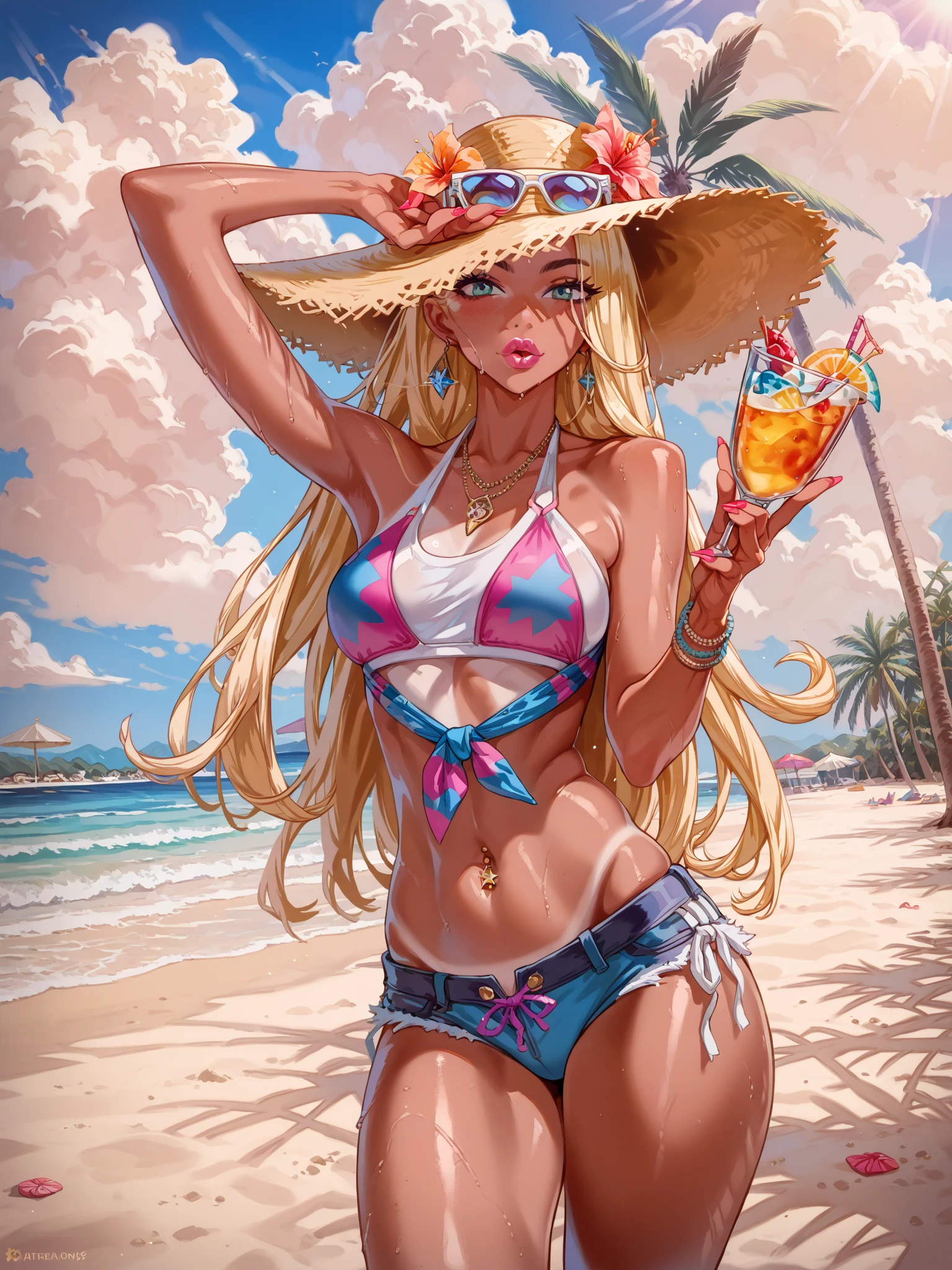 ((1 girl)), (masterpiece), ((blonde)), ((darkskin)), ((one girl)),((mocha skin)), full body, sitting in sand, ((big boobs)), ((curvy girl)), HD, 4K,holding beach ball,dynamic posing, bathing suit, tropical,((twin tailed hair)),sexy, honey eyes, juicy lips, ((full lips)),hearts, galaxy eyes, beach background, big boobs, thick thighs, small waist+++, happy++, smiling++,