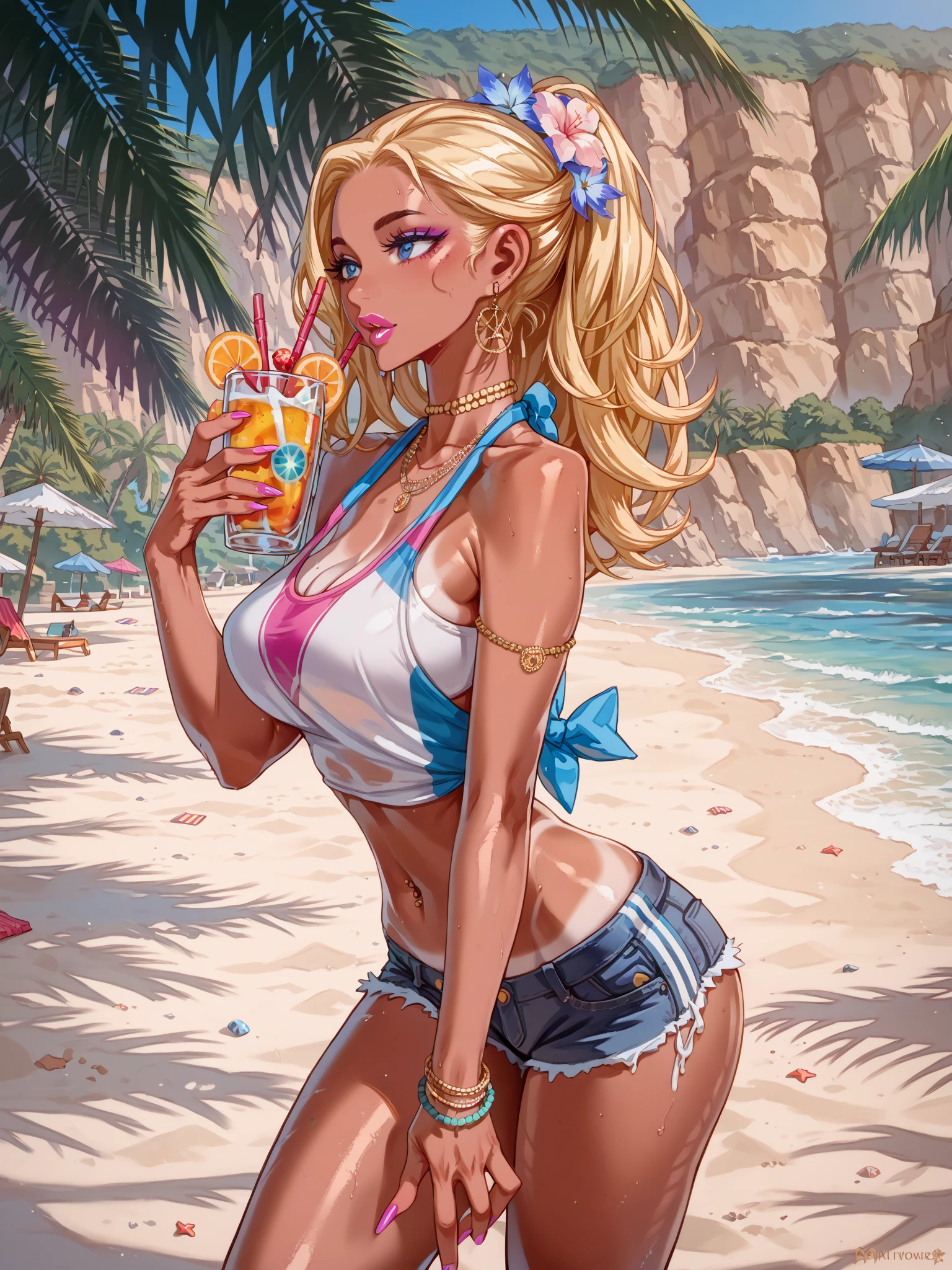 codeGeass style, best quality, outdoors, beach, detailed background, 1girl, solo, sexy, 36-years-old, tan olive skin, short blonde hair, pony tail style, emerald eyes, eyeshadow, mascara, red lipstick, ((Wearing a flossing green bikini and sunglasses)), she’s looking at the camera with a calm smile, walking, ((holding a beer can in one hand)), ((masterpiece))