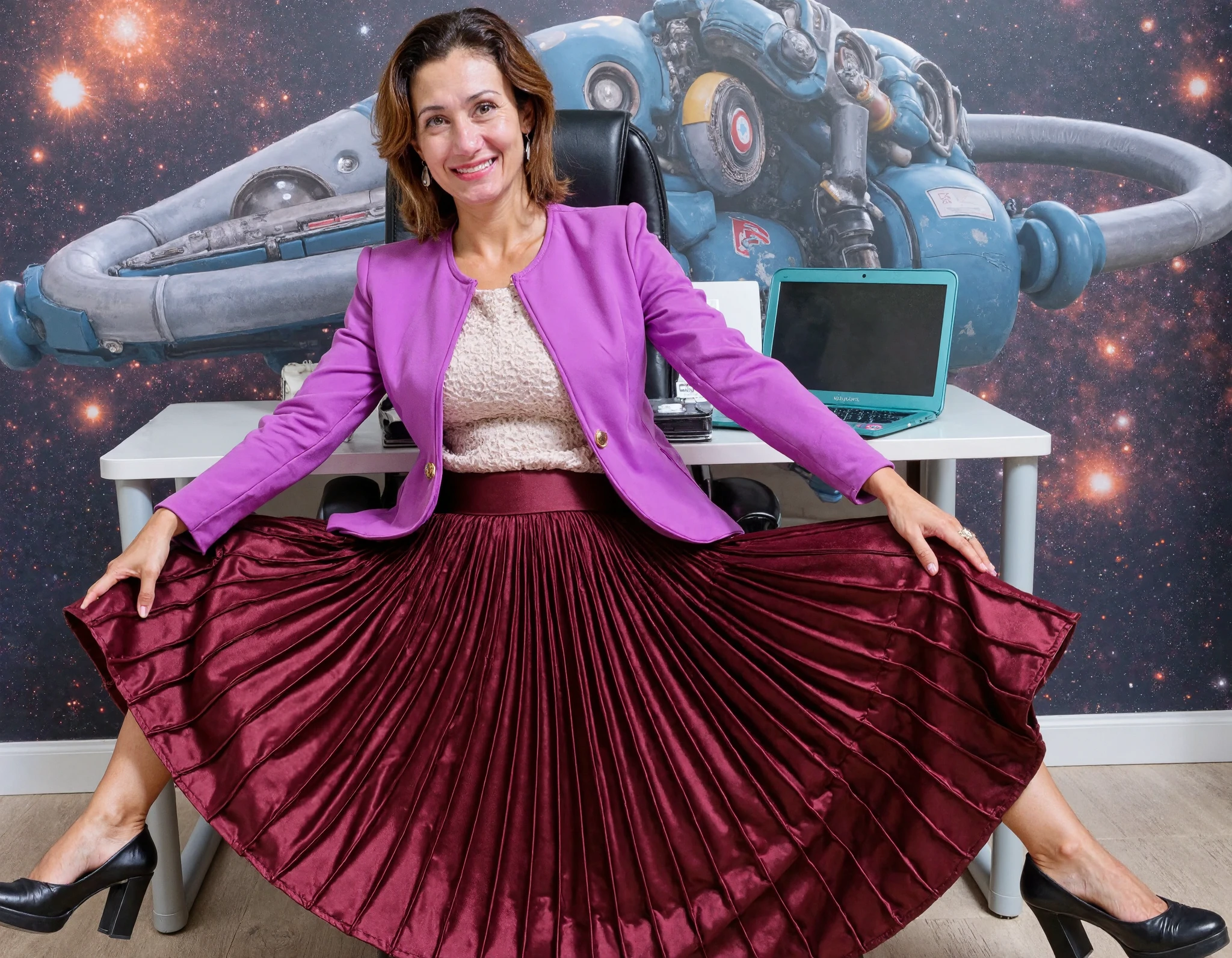 A stunning portrait captures my mother's mature beauty as she sits confidently on top of her desk, daringly spreading her legs amidst a vibrant space station backdrop featuring galaxies and spaceships. Her long pleated skirt flows around her, juxtaposing modesty (shoulder-padded uniform jacket, low-heeled office shoes) with femininity, grace, and devotion. As she lifts the skirt, inviting me to come under it, her lips are beckoning for a kiss, her face is flushed and sweaty as it radiates gentleness, compassion, and subtle flirtatiousness, highlighting her very large and prominent, saggy breasts and hard nipples beneath a soft smile, that reveals her lustful desire for my touch and overwhelming desperation for intimacy and love. Rich colours and accurate lighting accentuate fabric textures, pleats, and wind effects, creating an intimate atmosphere in this long-exposure photograph that captures every intricate detail.