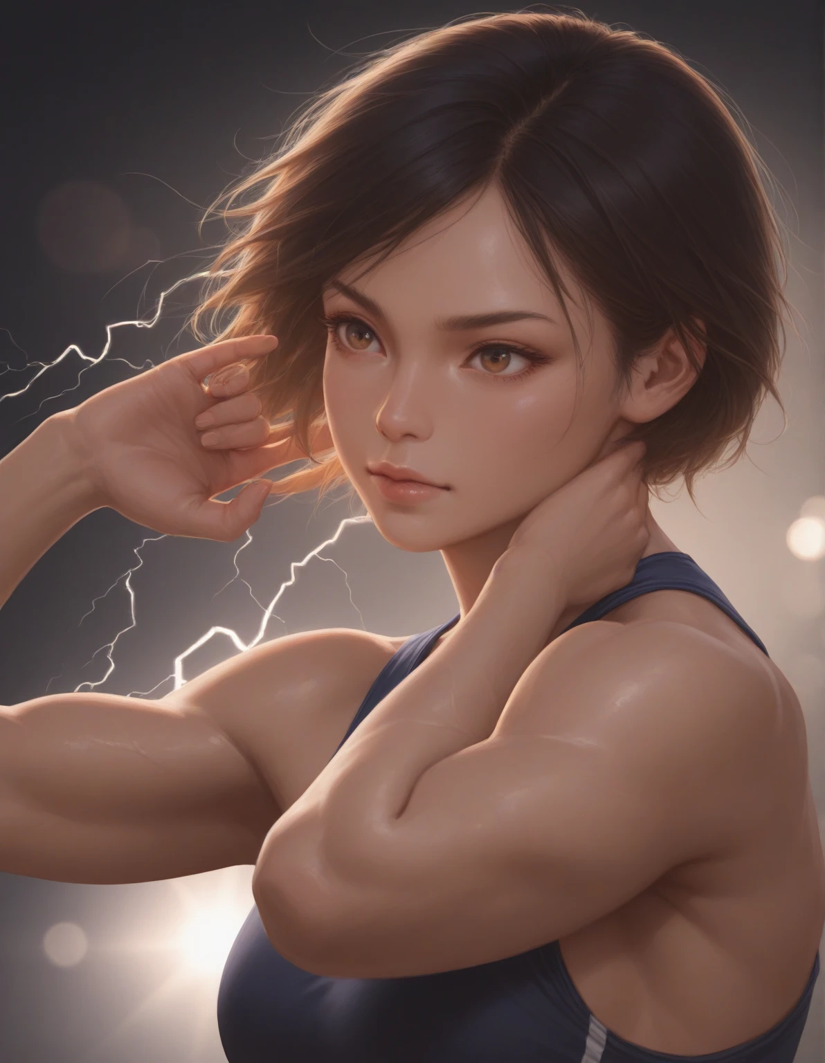 Masterpiece, Best Quality, 3D, 1girl, female, tomboy, toned, black hair, short hair, lightning, sparks, purple eyes, glowing eyes, sparks on skin, lightning on skin
