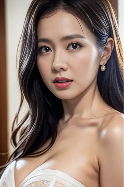 1gravure, from the chest up, masutepiece, Best Quality, Ultra-detailed, Photorealistic, super detailed skin, Perfect Anatomy, (1 japanese mature woman), (Solo), sixty years old, (Wrinkles at the corners of the eyes:1.3), Large breasts, A MILF, glamor, A sexy, Chromo-white skin, Looking at Viewer、Super large udder、Sleeveless knitwear、Tight Fit Knitted Dresseuchimuchi、Black pantyhose、high-heels、Smile、sitting on、Hotel bedroom