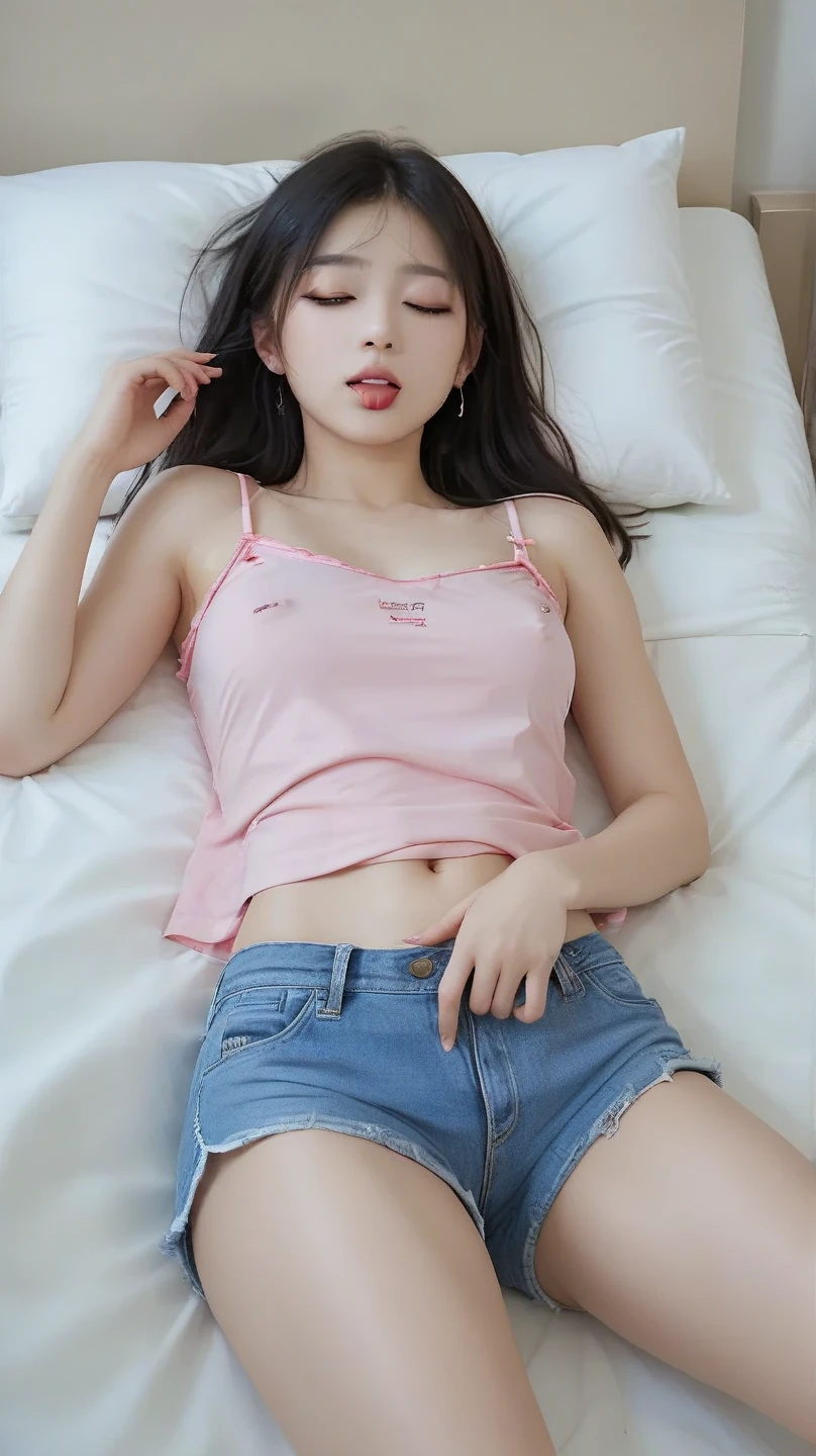 8K, Best Quality, masutepiece:1.2), (Photorealistic:1.4), Raw photo, Best Quality, 超A high resolution　Beautuful Women　Beautiful butt　　gigantic cleavage breasts　tthin eyebrows　on the beds　(Huge breasts:1.2) 　silber hair　silver blond　 Pink clothes that make your body line look beautiful　See-through off-shoulder knit　japanes　A sexy　2 limbs　Close both eyes　Open your legs　see-through mini skirts　See-through shorts　Sleeping on your side　Sleeping face down　Sleeping on your back　Alone　Backshots　Emphasis on the buttocks