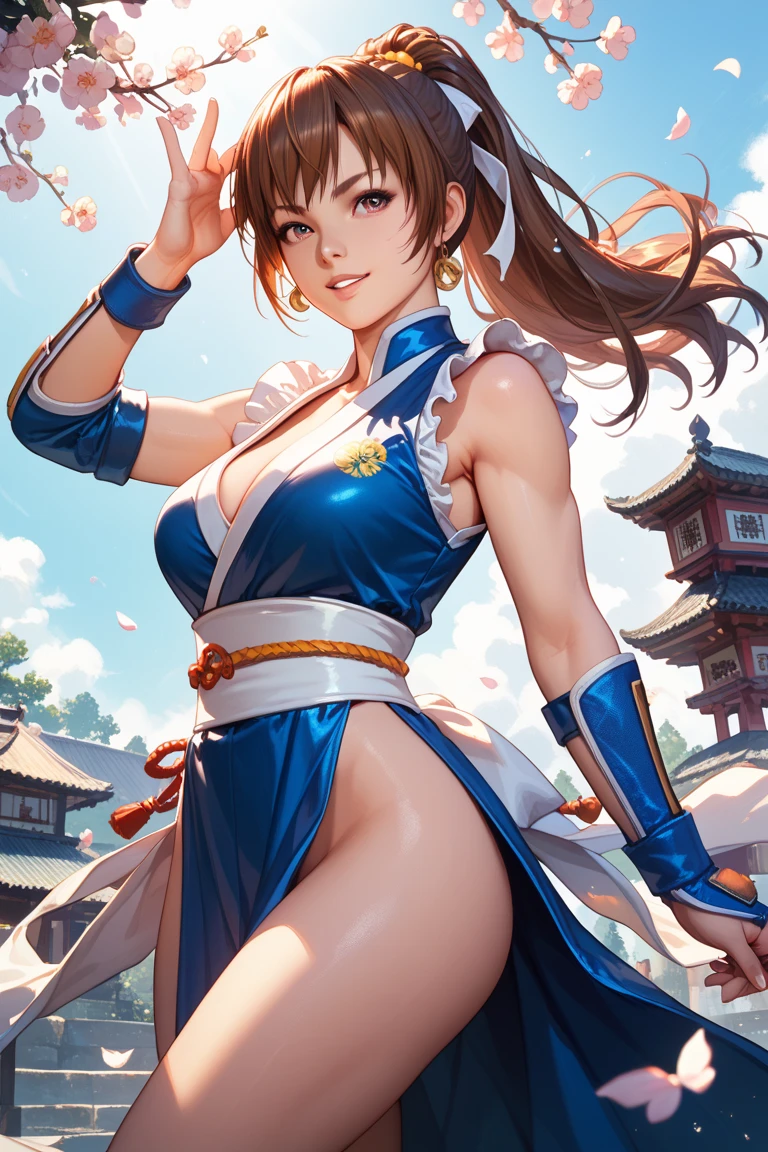 perfect eyes:1.2, detailed eyes:1.4, yurims, headband, blue pantyhose, braided ponytail, brown hair, brown eyes, smile, open mouth, dougi, spandex, gloves, fingerless gloves, leggings, cowboy shot, 1girl, solo, (masterpiece:1.6, best quality), 8k, insane details, intricate details, hyperdetailed, hyper quality, high detail, ultra detailed, professional, HDR, ray tracing reflection, cinematic lighting,
