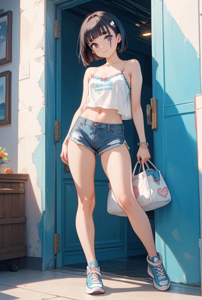 ((best quality)), ((masterpiece)), (detailed), (full body), perfect face, 1 girl, hazel green eyes.
brown hair, small frame body type, wearing white skimpy strapless tube top with white low riding sports pencil so short skirt.