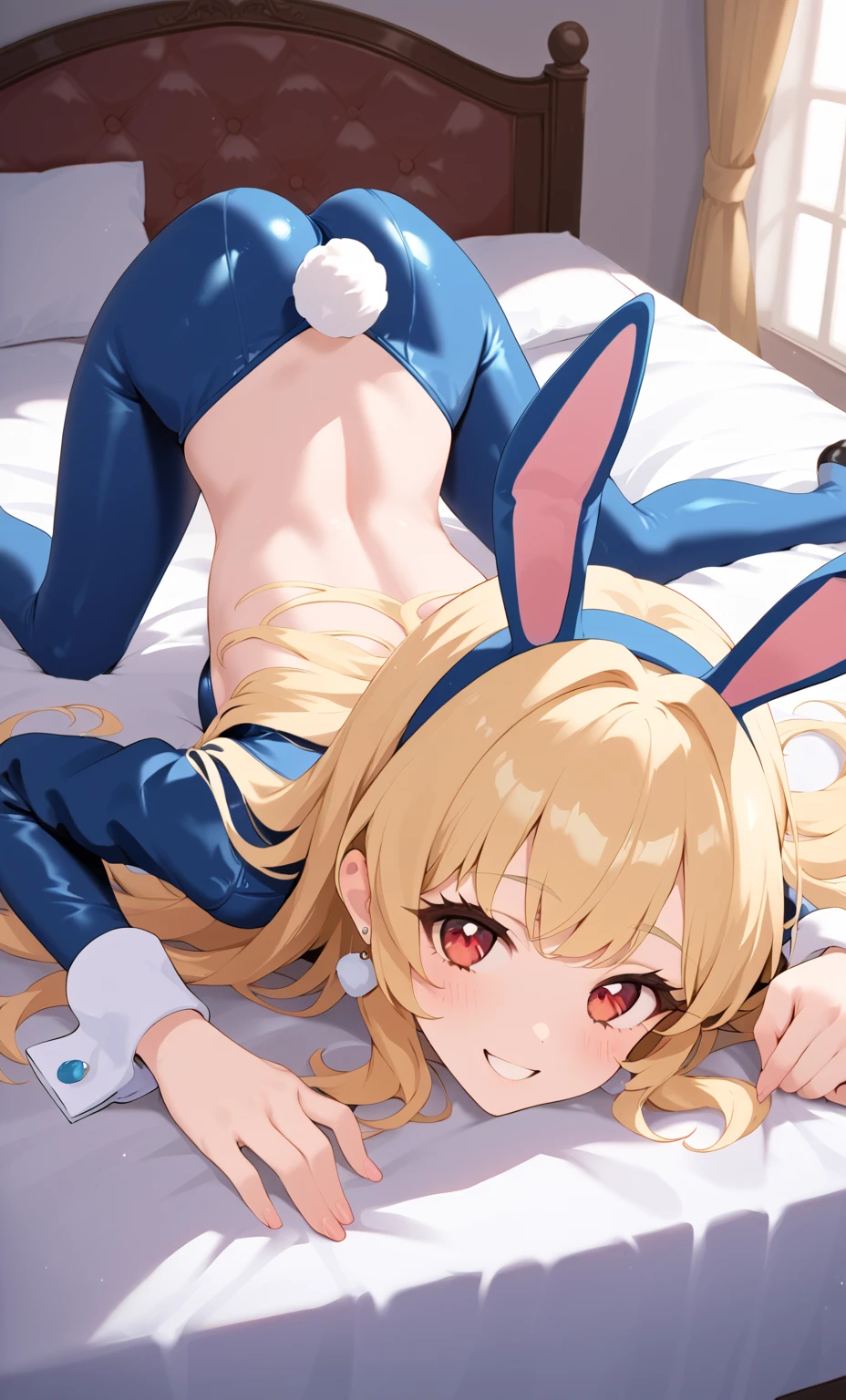 Rabbit ears, small, background is beach, six-pack, abs, no breast bulge, complex and fractal bikini, thick eyebrows, beautiful eyes, evil smile, beautiful blonde, ((masterpiece)), ((best quality)), (super detailed), cute girl, one girl, solo, beautiful girl with full body anime, (((beautiful eyes)), anime girl, happy and cute face, beautiful detailed eyes clean and detailed face, 5 fingers, textile shading, perfect anatomy,