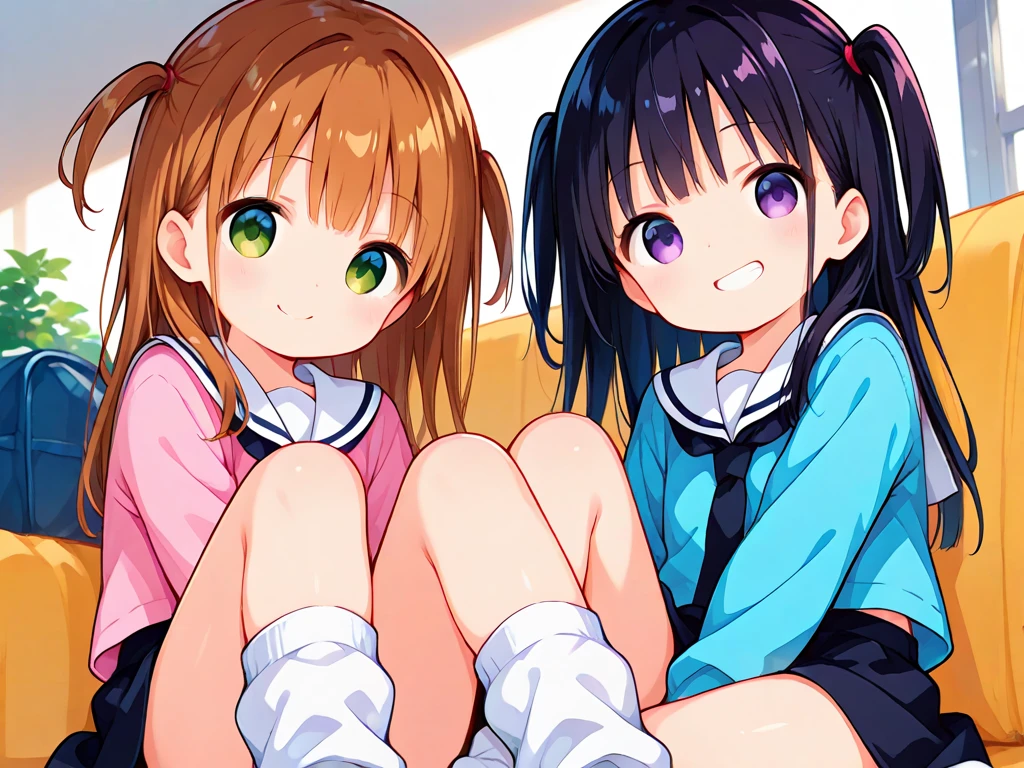 highest quality, Ultra-high resolution, (Realistic: )2D official style cel animation,((2People Girl))high school girl、Twin tails、White Big Ribbon、Grey mini skirt,summer shirt,Unbutton、(Lace panties、Lace bra),loose socks,Full body portrait,sunny,blush、locker room、Change of clothes
