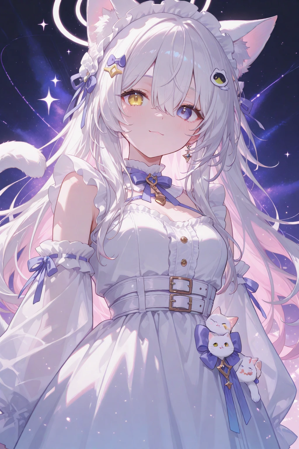Personagem muito Kwai, with white hair that lights up the galaxy around them, e olhos com pupilas em formato de estrela, roxo, in the fetal position, highlighting hair and the surrounding starry sky