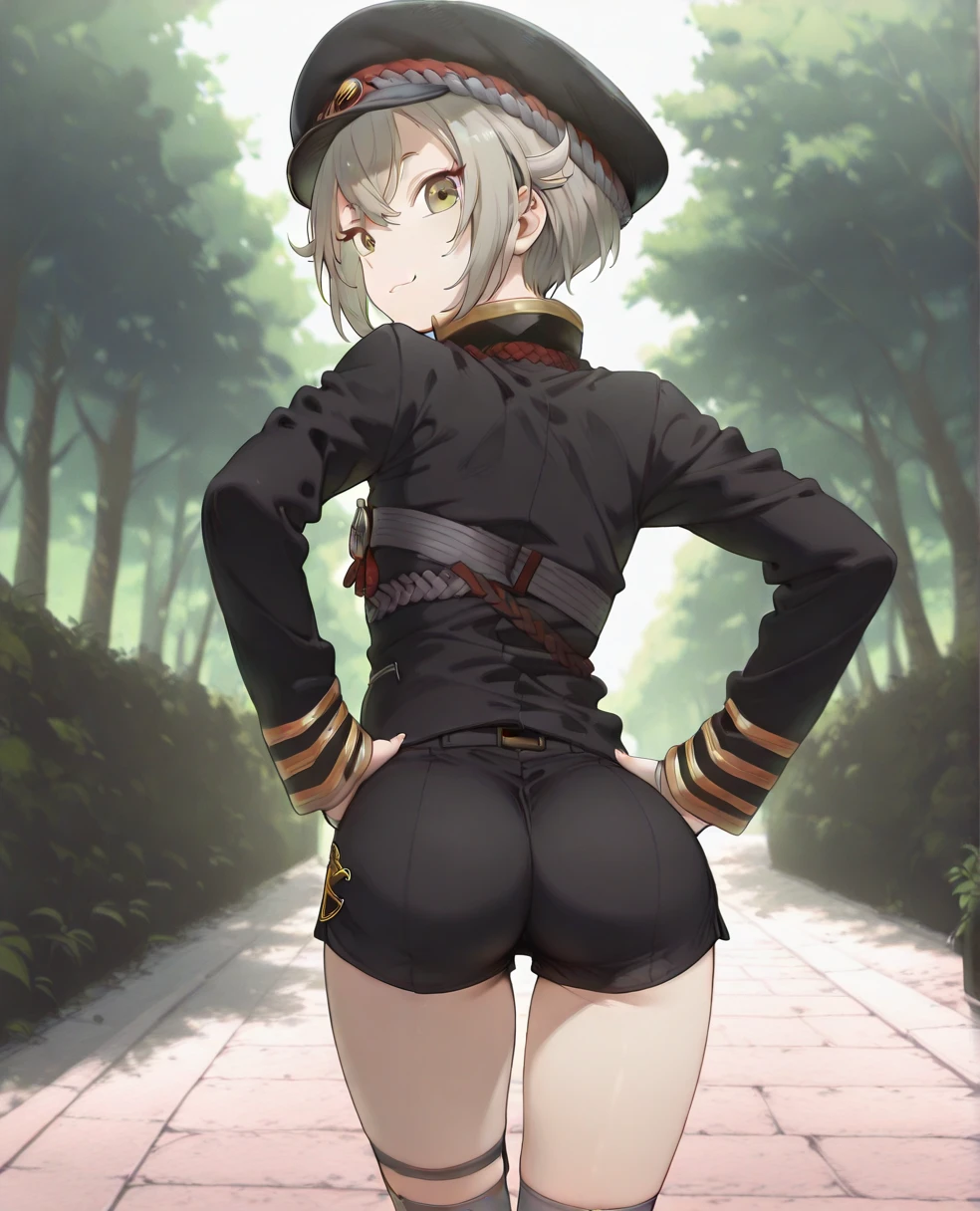 1girl, tan skin, tan, tan-skinned female, from behind, ass, ass focus, thong, panties, jacket, smile, smirk, smug, breasts, huge ass, ((huge ass)), thick thighs, mature female, milf, hourglass figure, black hair, very short hair, yellow eyes, forest, black jacket, ((black jacket)), hooded jacket, belt, military hat, cap, gloves, highleg, gun, black thong, spiked hair, pixie cut, ((highleg)), military jacket, bare legs
