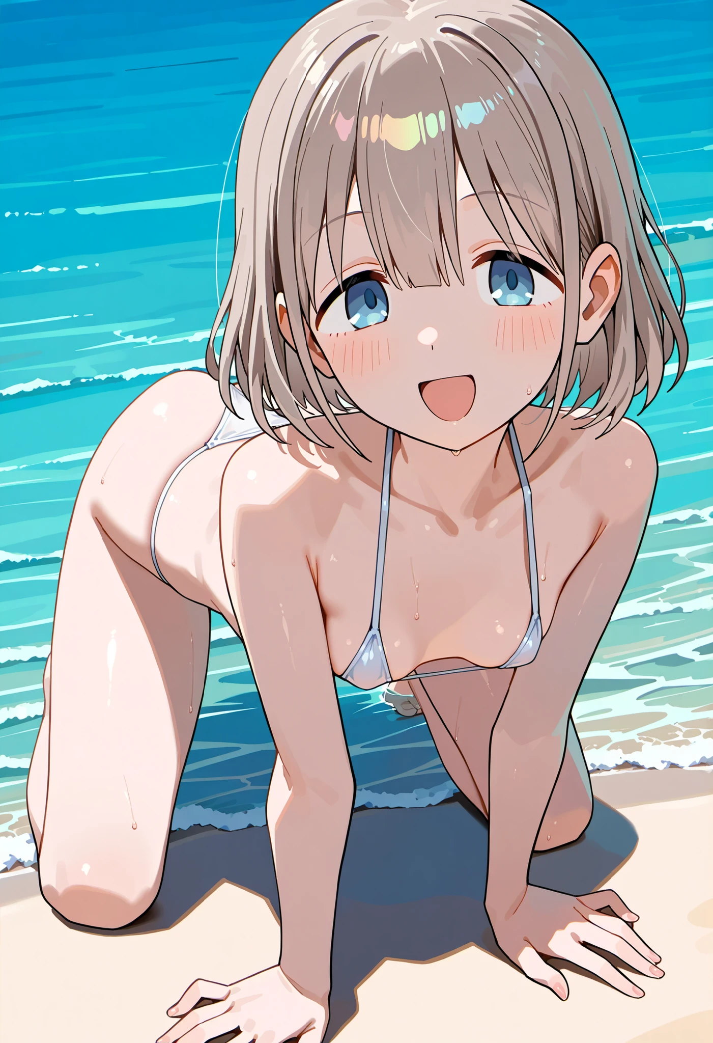 best quality, masterpiece, ultra detailed, highres, 8k, extremely detailed CG, super detailed skin, detailed beautiful face and eyes, highly detailed background, very blush, bare all body, breasts, no panties, small breasts, erect nipples, medium bob, brownish black hair, light blue eyes, shining eyes, crying, navel, no bra, looking at viewer, standing, spread legs, spread pussy, A large amount of urine overflows from the pussy, pissing, cum on breasts, barefoot, blue sky, showing me pussy, no clothes, bare,