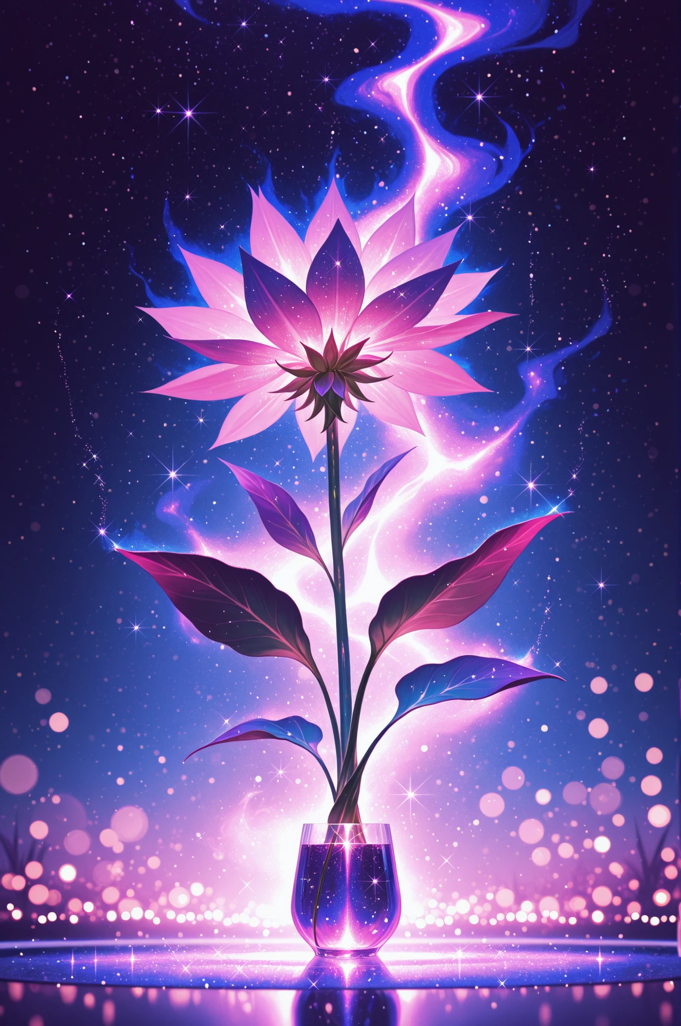beautifully detailed magical plant, glitter, light bokeh, dynamic downward angle, luminescent aura, ambient lighting, 8k resolution, illustration, pink and purple tetradic colors ,masterpiece, best quality, amazing quality, very aesthetic, absurdres, newest, highly detailed,high-resolution,