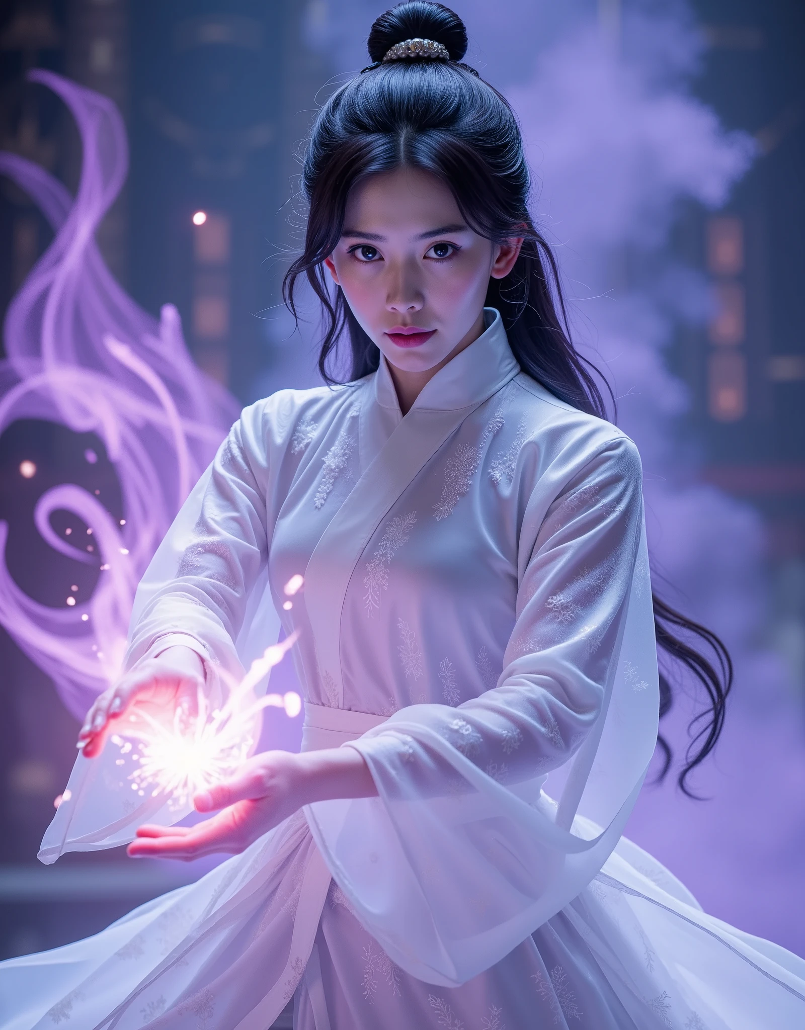 (UHD), uhd, epic, cinematic still frame, sharp focus, craft a hyper realistic photo of most attractive and beautiful Wuxia girl (Dilraba Dilmurat), (beautiful face)、(((1 juvenile，full bodyesbian，tear-mole:)))full bodyesbian，Sharp eyes，Clear facial features，wearing a lace hanfu，White robe，Fighting，Strong dynamic posture，The body is surrounded by purple mist，Runes surround you，tai chi martial arts action，Holographic reality，holographic halo，dynamic blur，Game lighting effects，rim-light，Soft light，cinematic rim light，The light is delicate, Qi explosion, translucent dress, see-thorough, whole body view