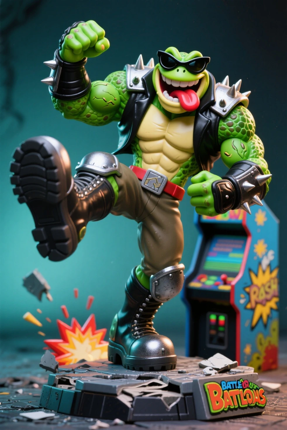 Tall Cartoon newt with green scaled body, dressed like WWE wrestler Kevin Nash, hairy chest, long black curly mullet hair, black and red bib pants with black flange on the side of the legs, one black elbow pads on his left arm, white wrist tape, and black wrestling boots