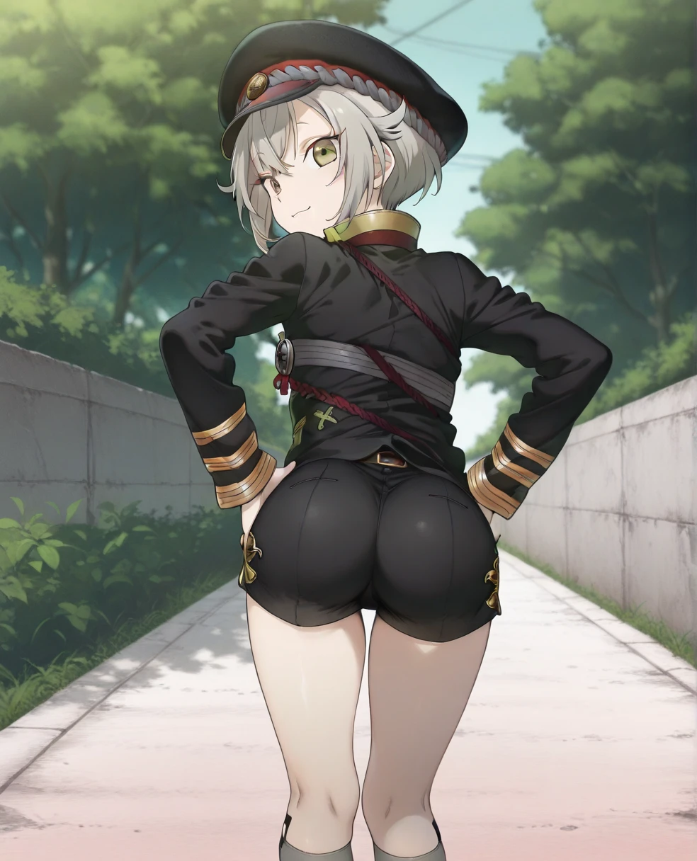 1girl, tan skin, tan, tan-skinned female, from behind, ass, ass focus, thong, panties, jacket, smile, smirk, smug, breasts, huge ass, thick thighs, mature female, black hair, very short hair, yellow eyes, forest, black jacket, ((black jacket)), hooded jacket, belt, military hat, cap, gloves, highleg, gun, highleg thong, black thong, tomboy, pixie cut