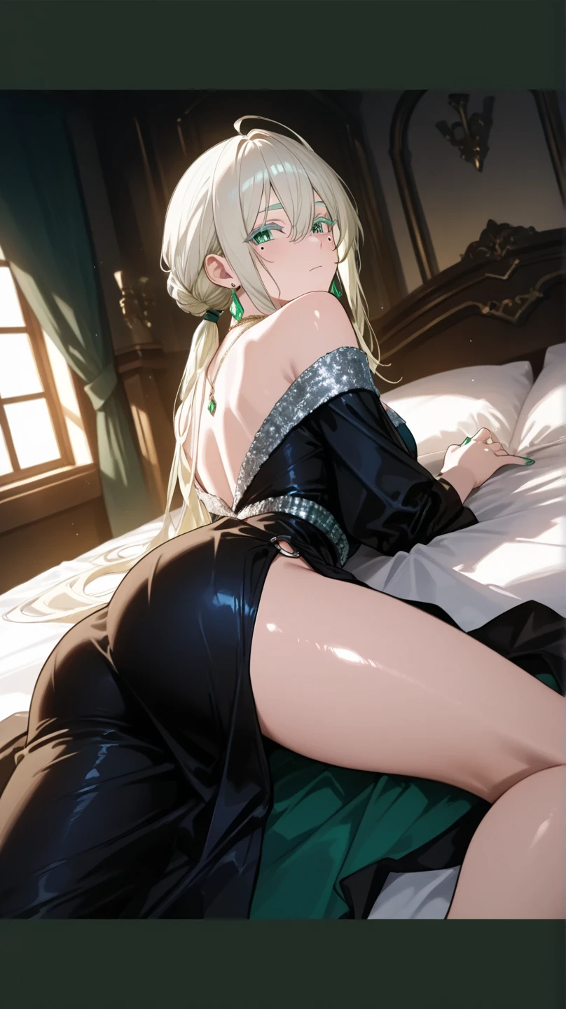 (((Horse Girl))), (((Fine Motion))), 1 person, Thighs, On a luxurious red sofa, (((Facing backwards, sticking her butt out towards me))), smile, Dress like a young lady, (((Sexy panties with green embroidery))), High resolution, Her breasts are elegant and large., (((Legs slightly apart))),