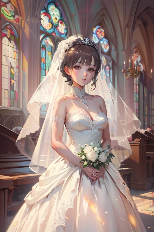 (((best quality))), ((ultra-detailed)), 1girl, solo, looking at viewer, red eyes, gloves, (wedding dress:1.5), flat color, church, looking at viewer, holding bouquet, pale pink bouquet, cleavage, perfect face, detailed eyes, expressive eyes, eyeliner, glossy lips, gigantic breasts, light particles, smile, ((illustration)), ((masterpiece)), From the back