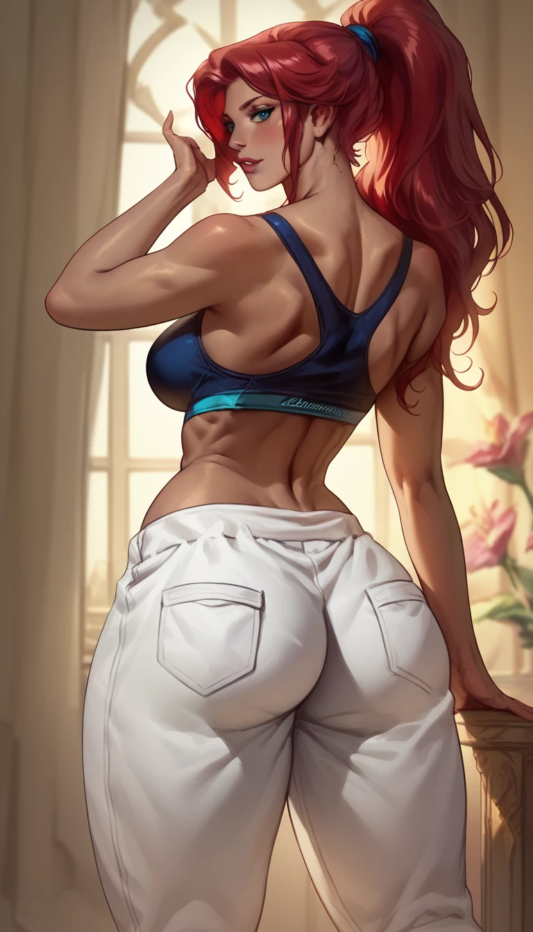 ((((masterpiece, best quality)))), ((33 year old)), (((Curvy))), ((Latina with long red hair)), in ((white tanktop)), ((white high cut fullback panties)), ((Large Hips)), ((Standing in a messy bathroom)), (((realistic art style)))