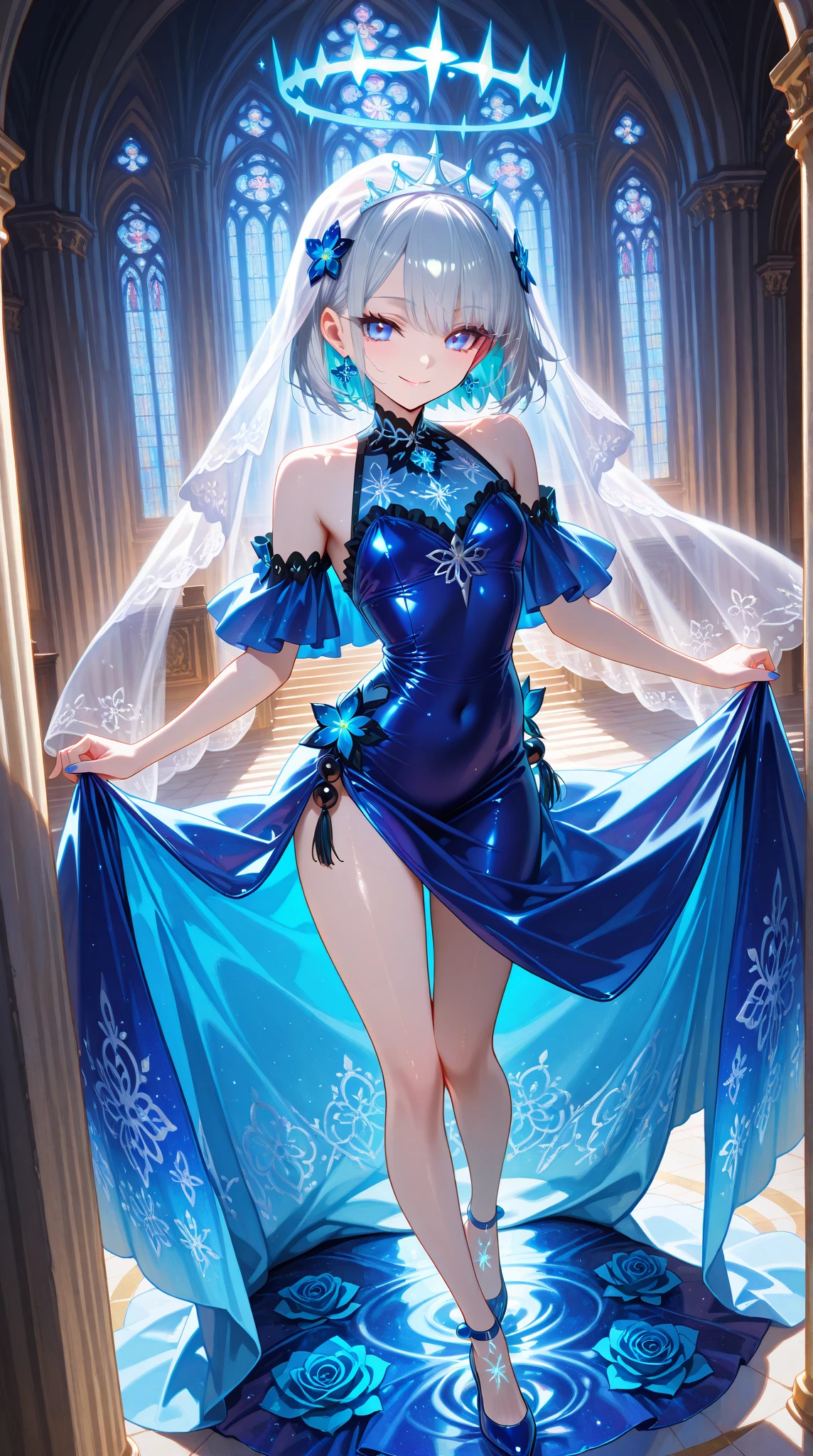extra detailed face, Perfect Lighting, extremely details CG, 4K、8K、be shy、mournful smile、(Perfect hands, Perfect Anatomy)、Ultra-realistic photo of a girl in a beautiful white wedding dress, Big beautiful dress,weddingdress、Silk Veil、Complex puffy ball gown with lots of frills and rhinestones (Best Quality, masutepiece, art stations, Fantasy Art:1.2),chies,chapel、Beautiful stained glass、beautiful bouquet beautiful cute girl, Rem of Rezero、(Blue shorthair:1.3), Bangs hide one eye、(Complex short gold skirt, Bare legs:1.2, Full body shot)、very Bigger breasts、cleavage of the breast、Nipples show through、White panties、(Clearly visible detailed female pubic shape: 1.4)、skirt rift、Thin leg、Skinny Legs、very very short skirt、low angles、Peeking out the skirt from below