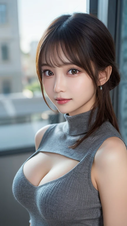Beautiful Woman Photos ,(Off-white sleeveless turtleneck sweater with an open chest, Cleavage:1.2) , Lean Physics, Beautiful appearance, Shiny skin ,Detailed face, fine grain, iris, Glossy Lips , Big Breasts, Very detailed, smile, (elegant, elegant, Vibrant colors,autumn,:1.1),Long dark brown hair, (Highest quality, masterpiece, Ultra-high resolution ,Realistic:1.3),Long Hair