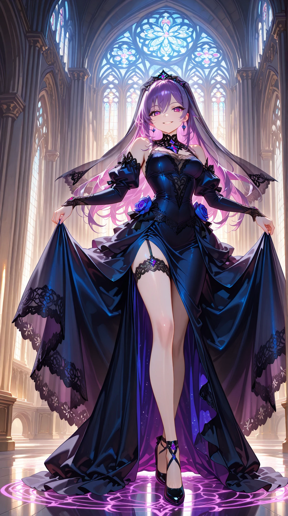(masterpiece, reflections, atmospheric lighting, dynamic lighting), best quality, 1girl, perfect figure, perfect body, perfect face, black hair, long luscious curly hair, purple eyes, glowing void eyes, delicate fingers, blushing, shy, embarrassed, lewd, scared, open mouth, black crown, jewel crown, wing crown, black dress, strapless dress, wedding dress, evening dress, lingerie dress, black high heels