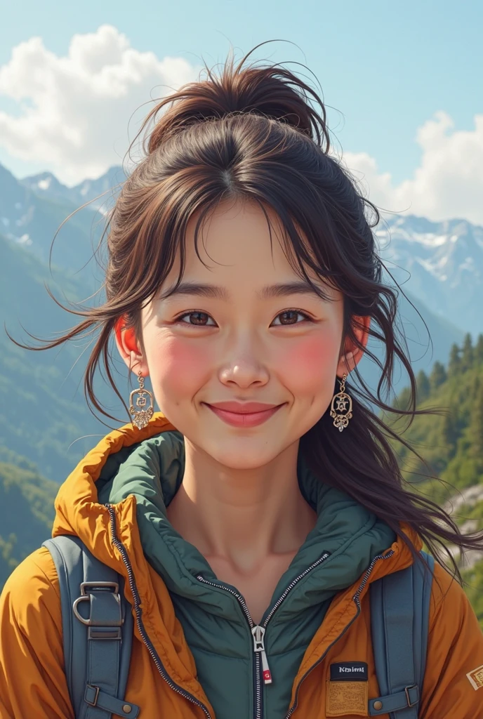 in the middle of nowhere, she she appeared out of orange steam and clouds, a beautiful girl with brown eyes. her face with a cute smile and little dimples, Ponytail, Masterpiece, Super Detailed, Cinematic Lighting, UHD, Anatomically Correct, Retina,