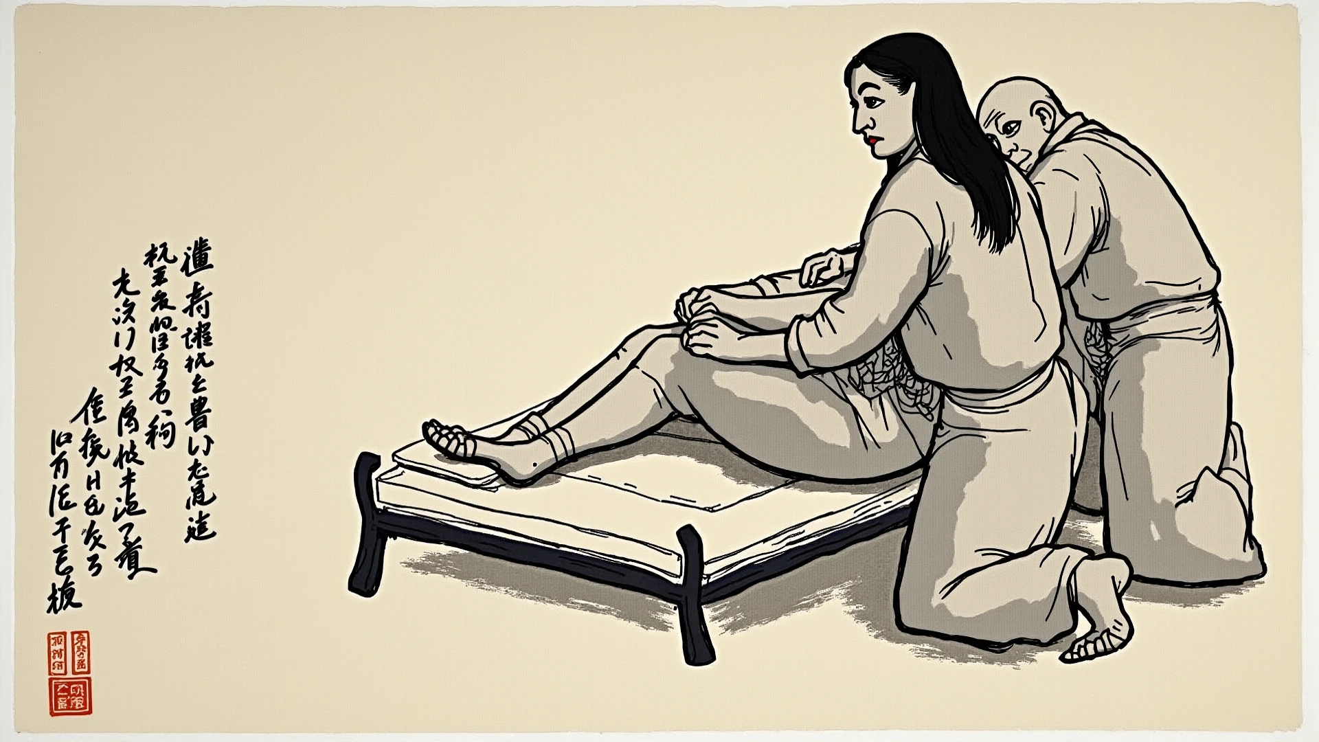 "Pop art style illustration of a woman in a red dress giving a massage to a man who is lying in bed wearing a white shirt. The woman has a concentrated and caring expression, gently touching the man's back and shoulders. The scene should convey relaxation and emotional connection, using a style that combines cartoon and caricature elements with vibrant and expressive colors. Ensure the background is simple, focusing on the bed and the couple, maintaining the representation of good taste and respect.
