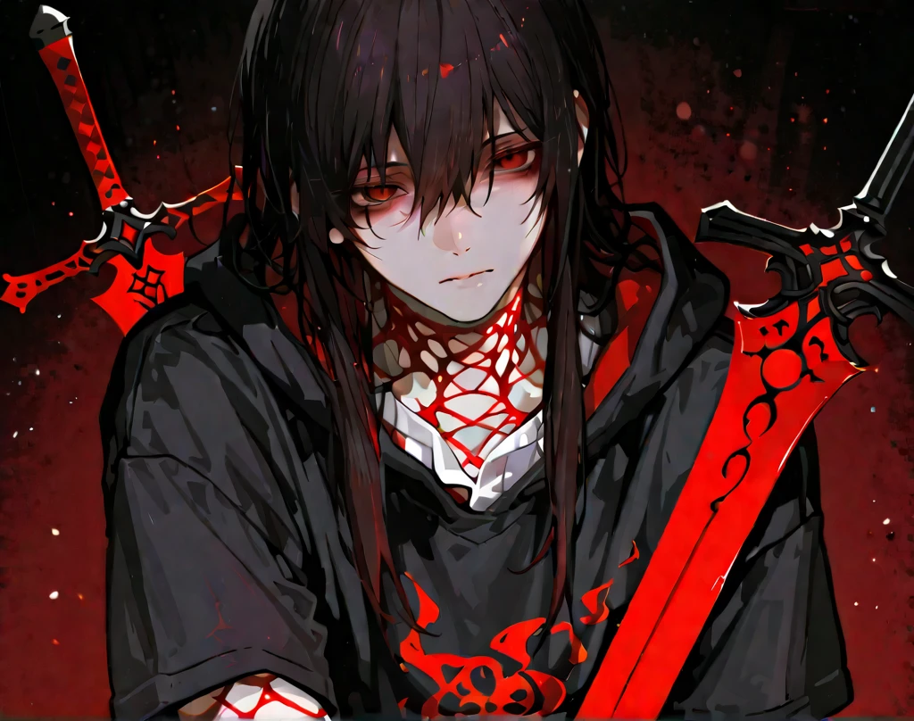 The image depicts a character, a sinister anime character with a cunning yet created aura. She is bloody, holding a knife and feeling deranged, resulting in anxiety and fear. The sight of ten at the same time is sexually exciting. Figure ragged but modern clothes in arcade, casual and street style. despite its dark nature, there is hidden beauty.
