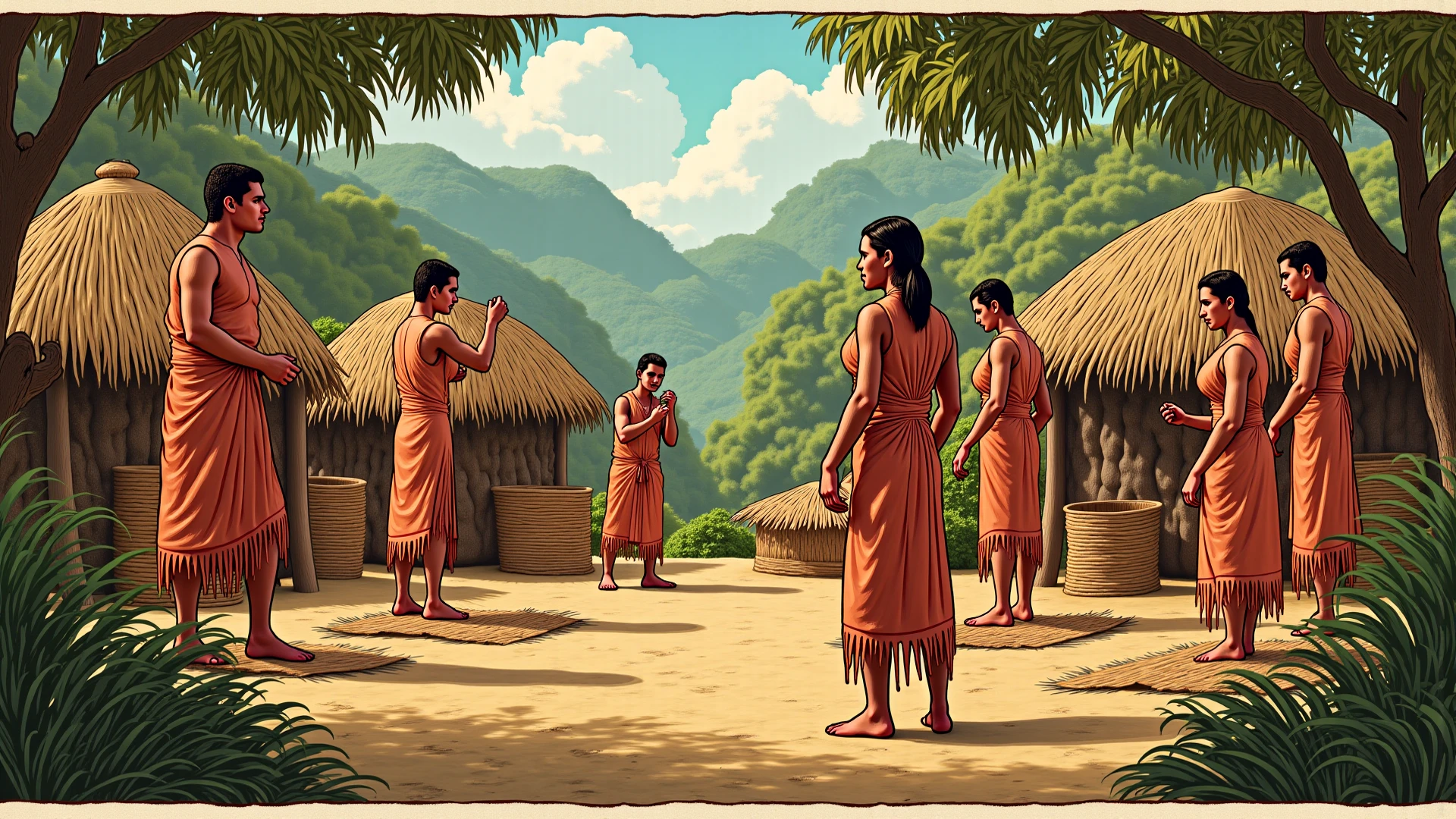 indigenous people making pottery and farming, in a town with indigenous houses in the pre-Hispanic era, comic style